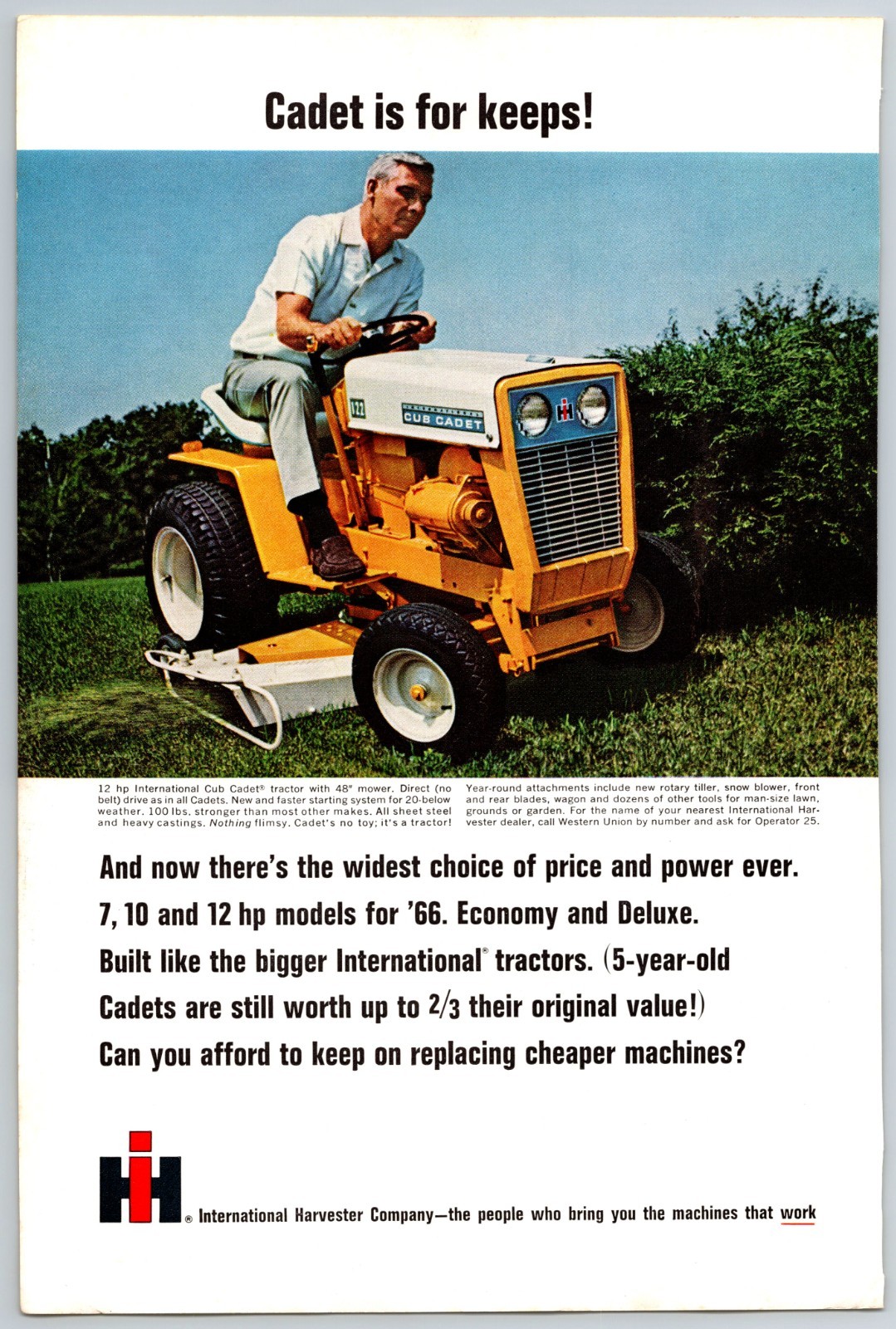 1966 International Harvester 12 HP Cub Cadet mowing straight 6.5 x 10″ Print Ad