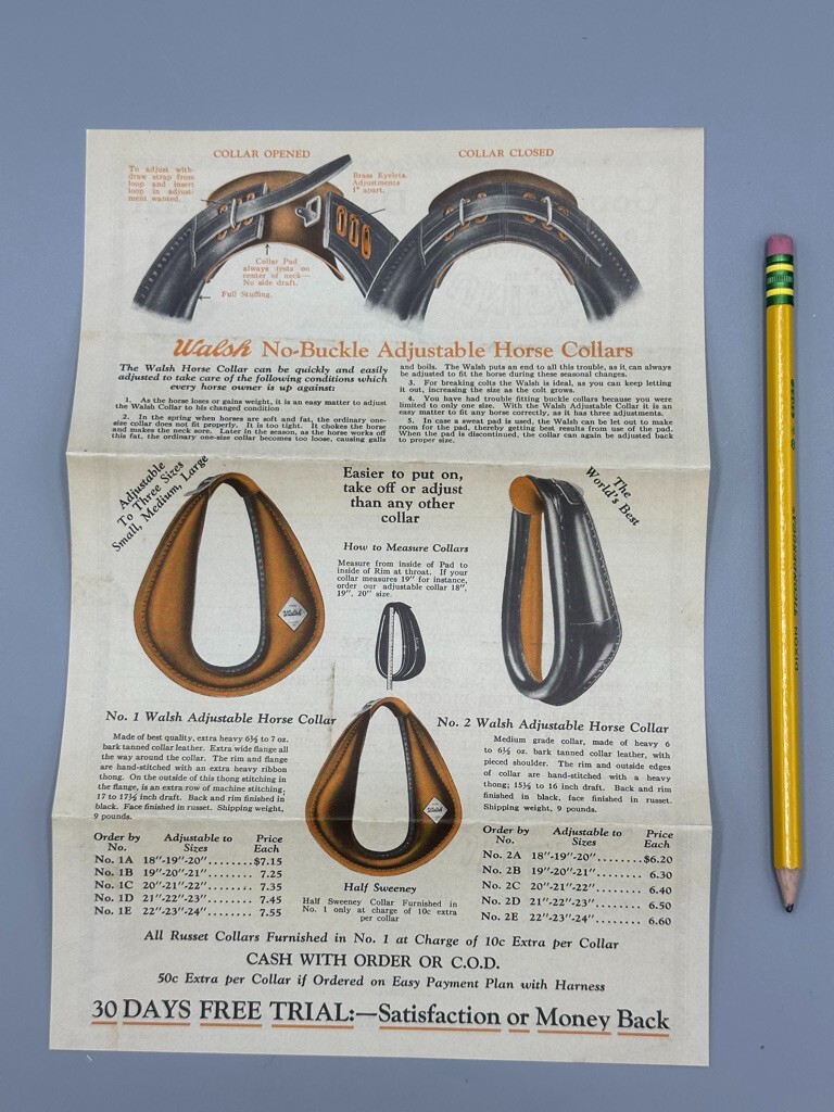 1928 James Walsh HORSE HARNESS Collars FARM Advertising MILWAUKEE Wisconsin