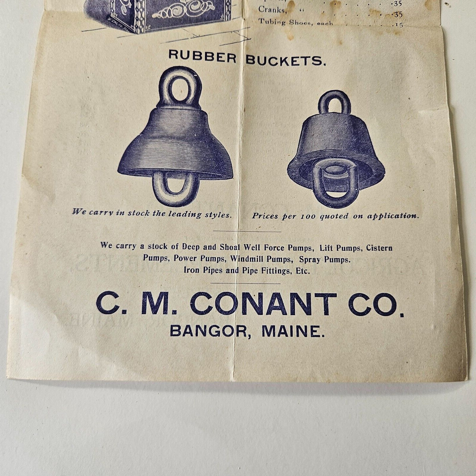 Late 1800’s Conant Co Bangor Maine Sales Brochure Wood & Bucket Chain Water Pimp