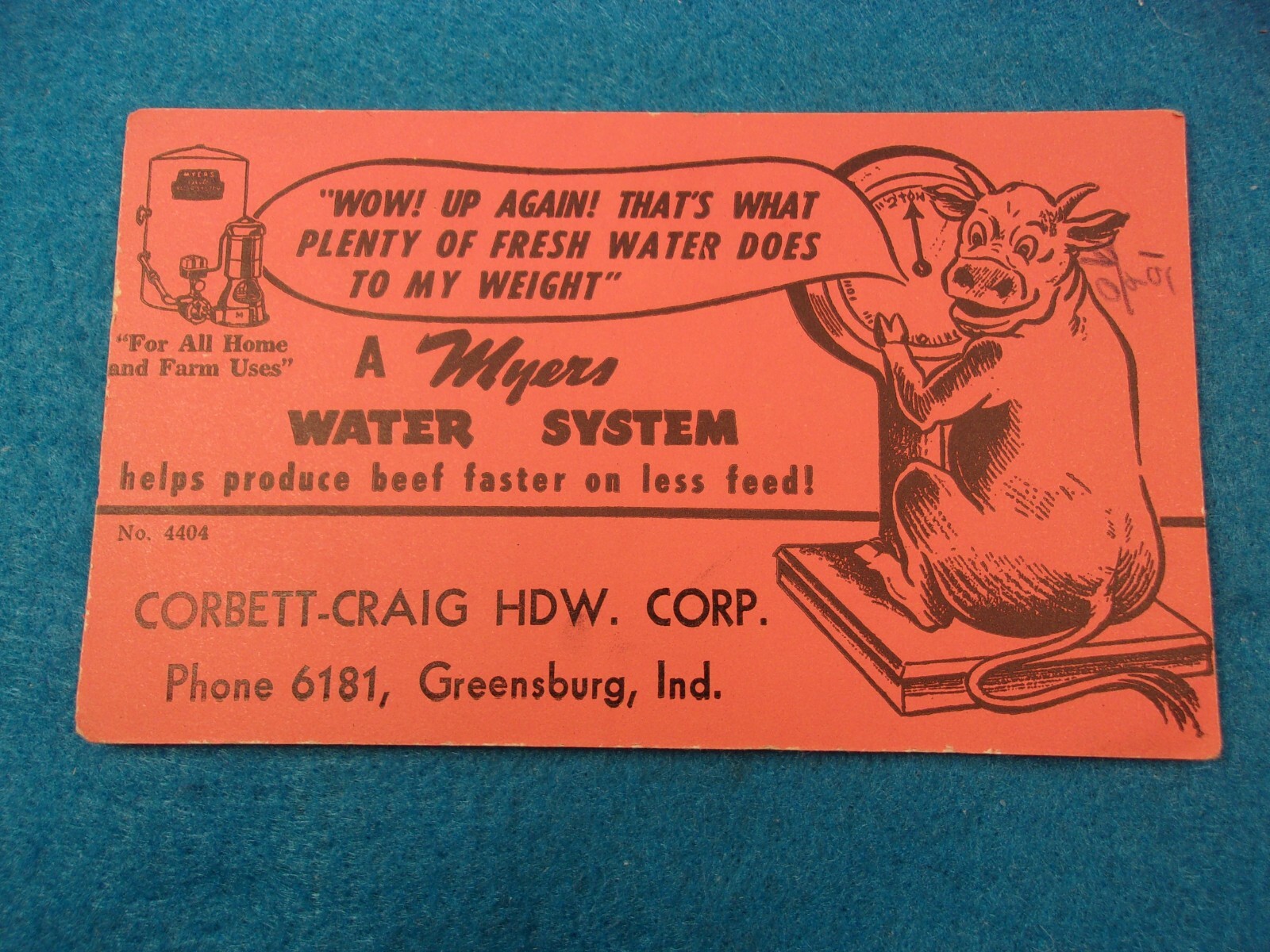 RARE OLD VTG ANTIQUE ADVERTISING CARD: MYERS WATER SYSTEM (PUT WEIGHT ON CATTLE)