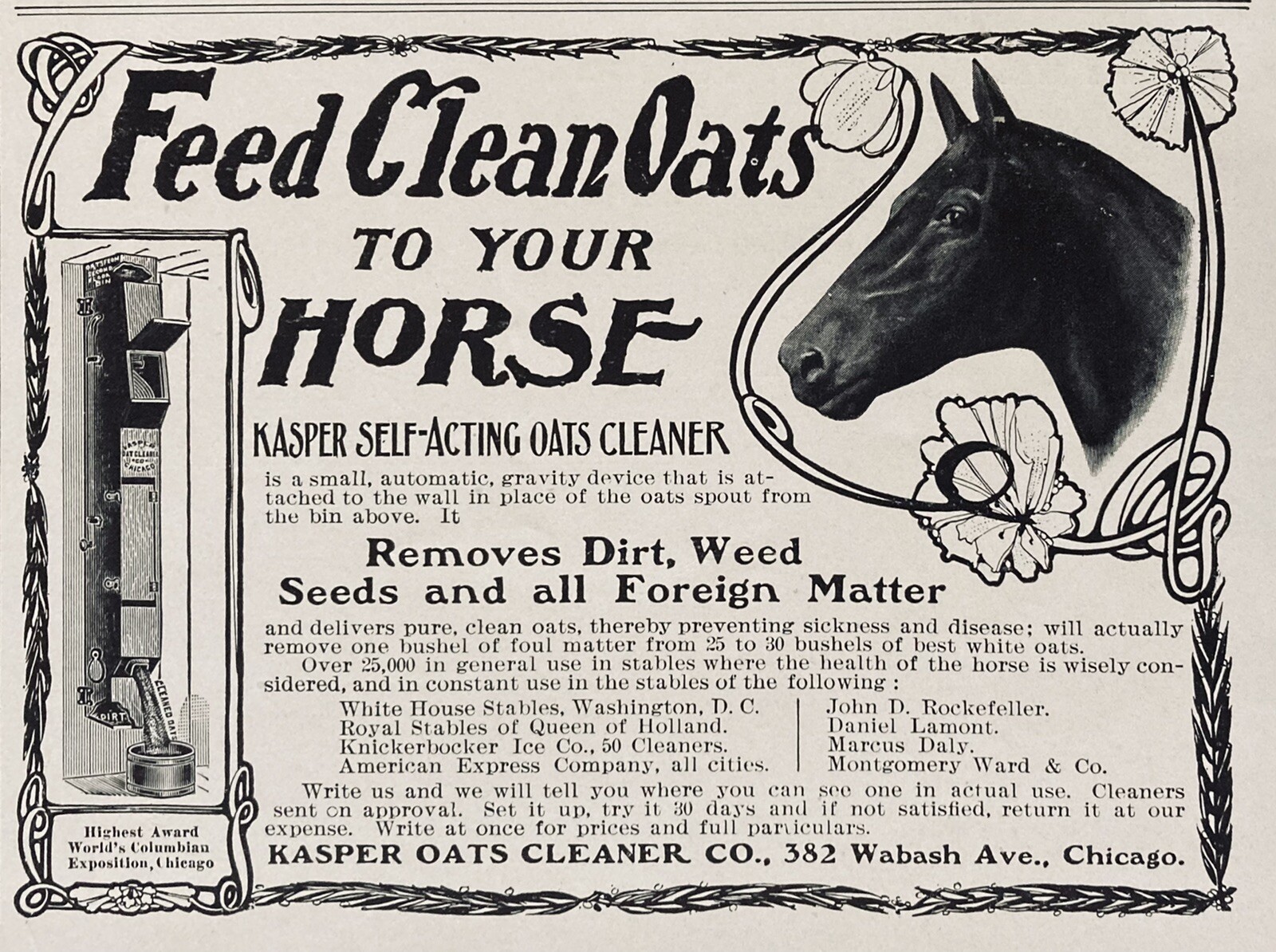 1903 AD.(XH47)~KASPER OATS CLEANER CO. CHICAGO. KASPER HORSE OATS CLEANER