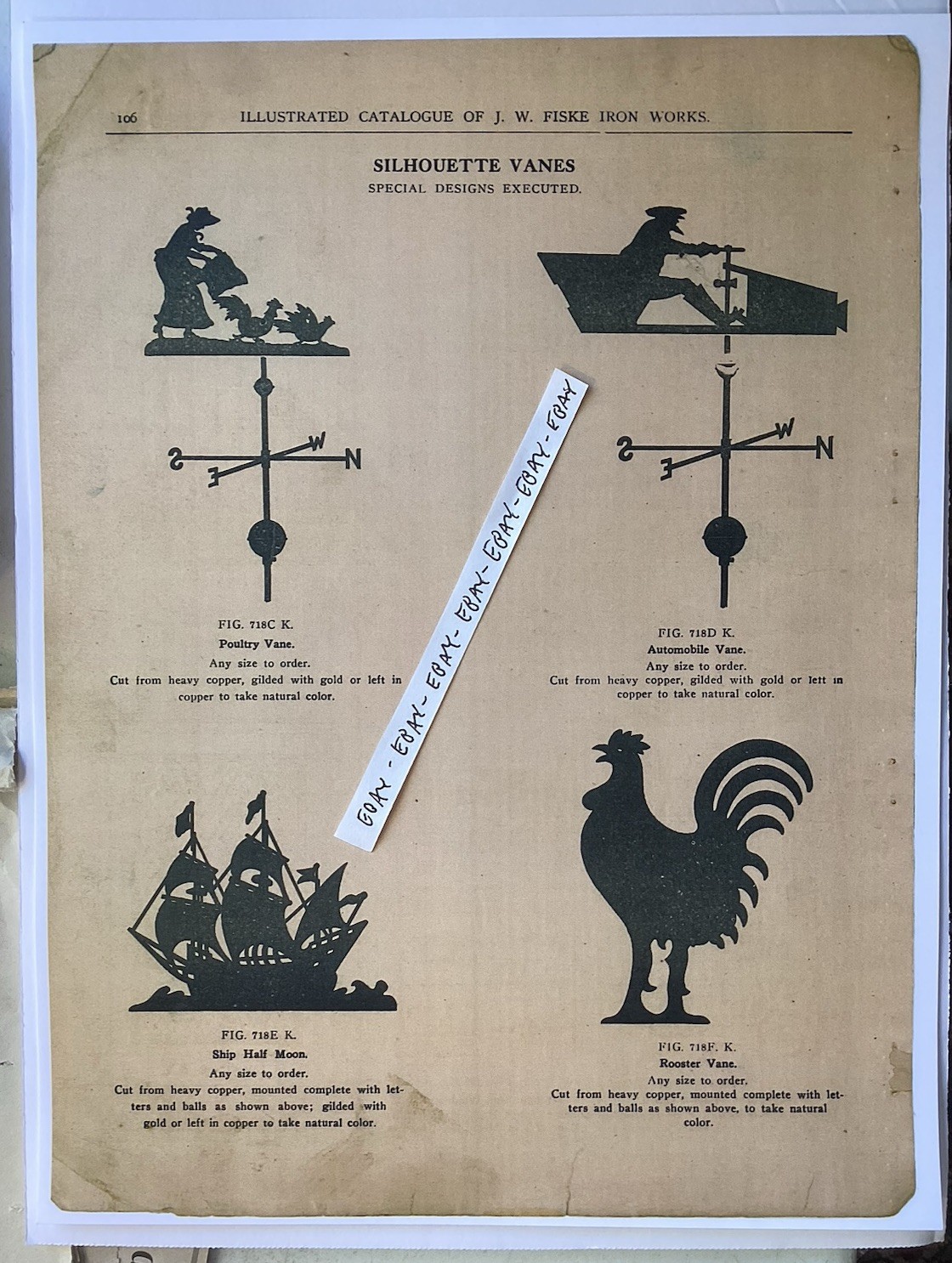 1800’s SILHOUETTE WEATHER VANE POULTRY SHIP AUTO + J.W. FISKE IRON WORKS RARE AD