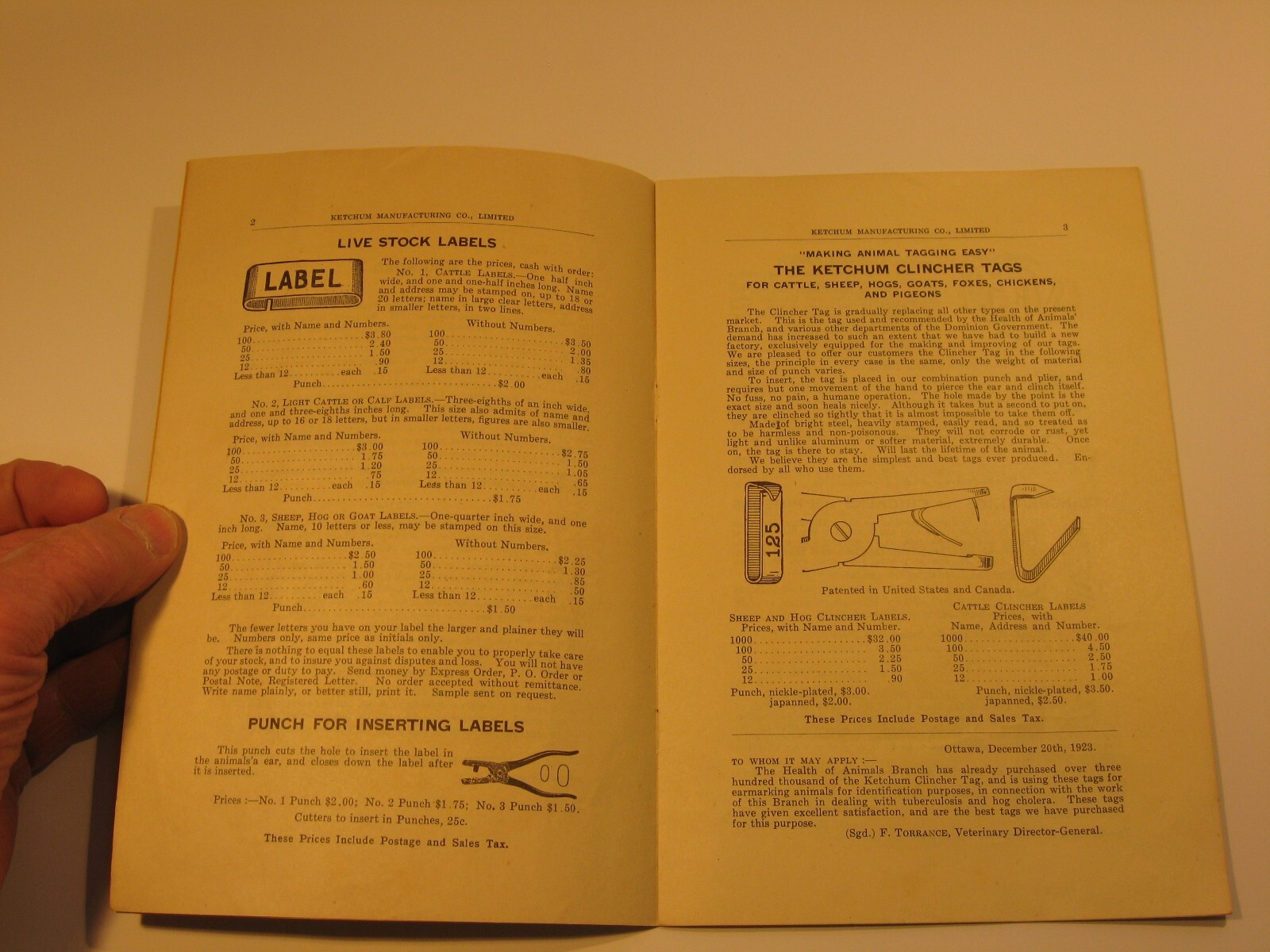 Ketchum Manufacturing 1923 Catalog Animal Tags Cattle Sheep Ottawa