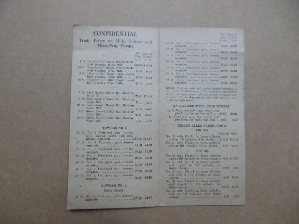 1923 Heller Aller Co. Windmill Wind Engine Equipment Catalog Price List Vintage