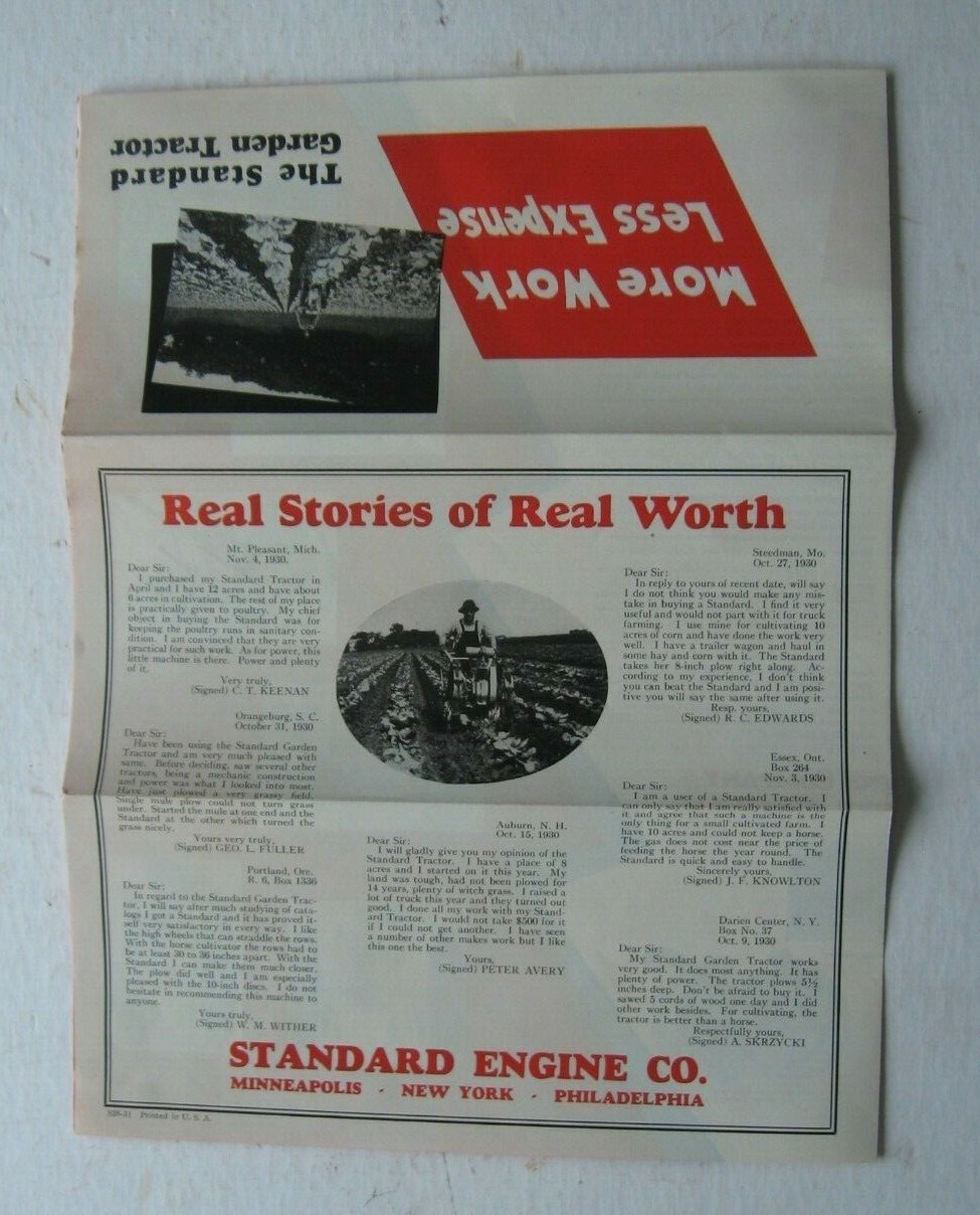 Three 1930’s Standard Engine Company, Standard Garden Tractor Farming Brochures