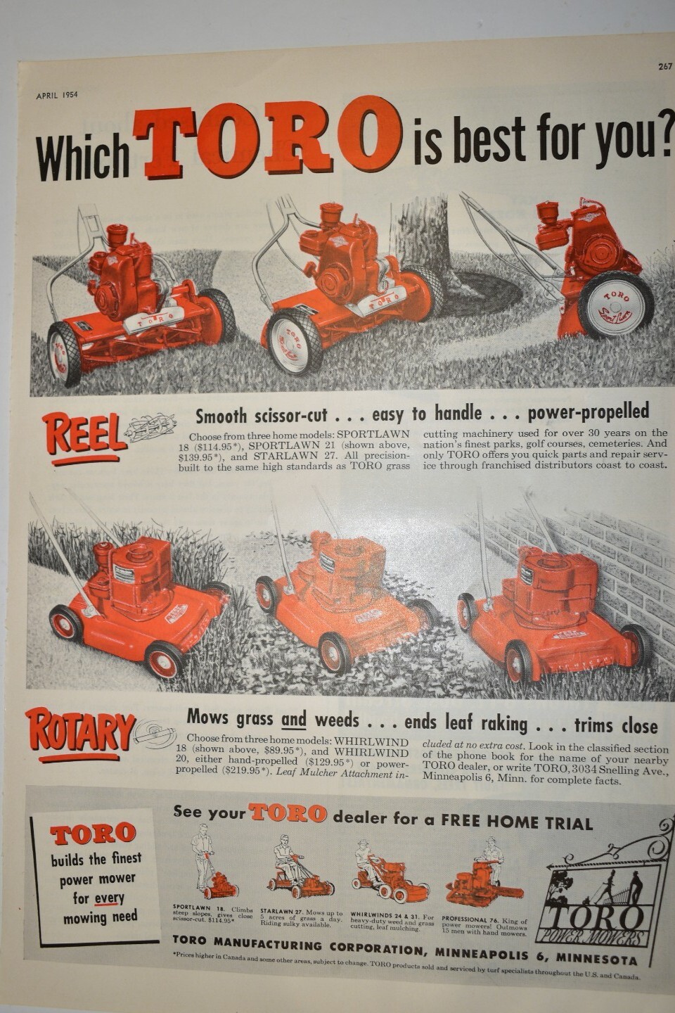1954 Toro Lawnmower Ad REEL or ROTARY ? 8 1/4″ x 11 1/4″