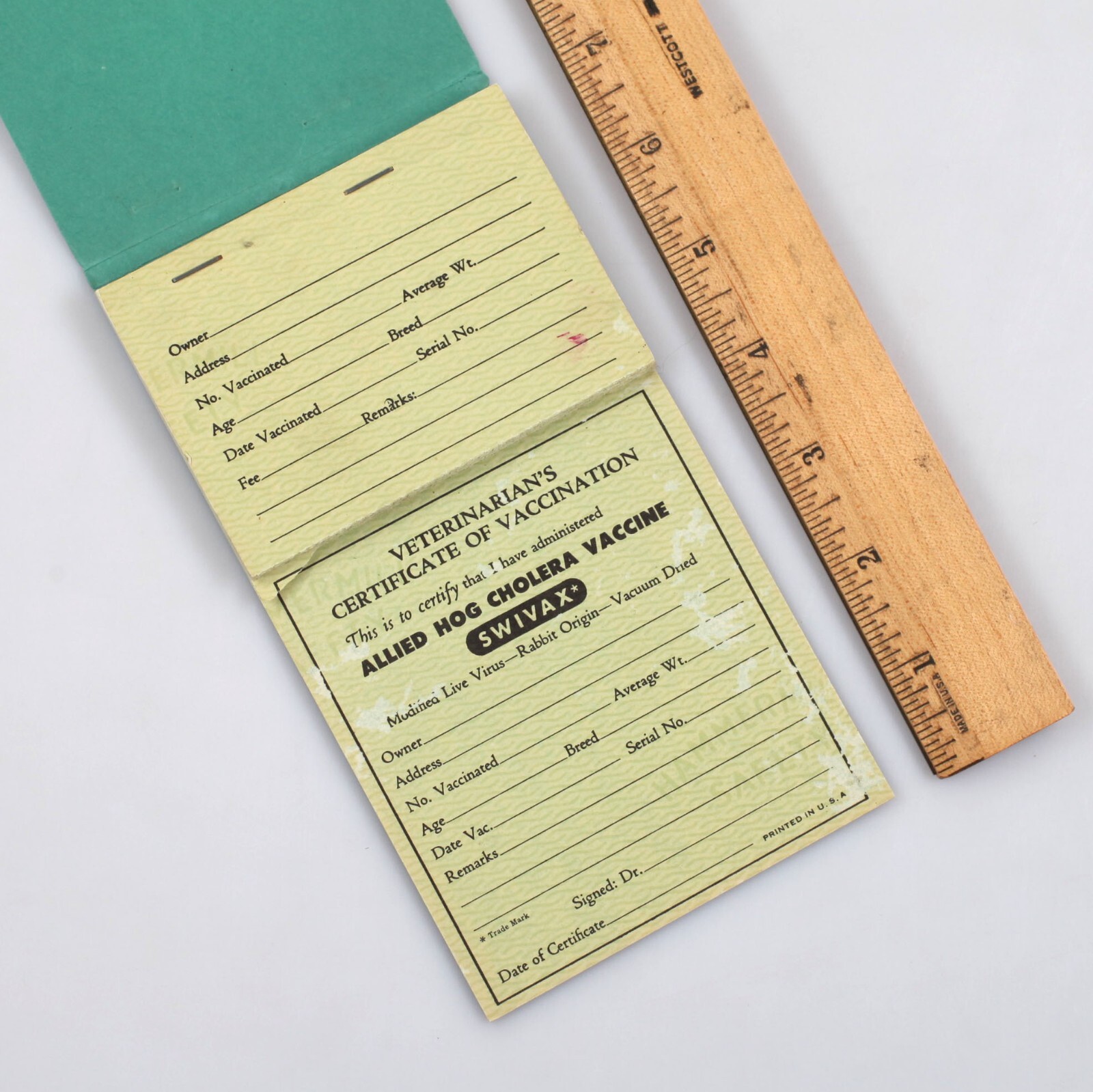 Vintage Allied Brand Hog Cholera Vaccine Vet’s Certificate Pad