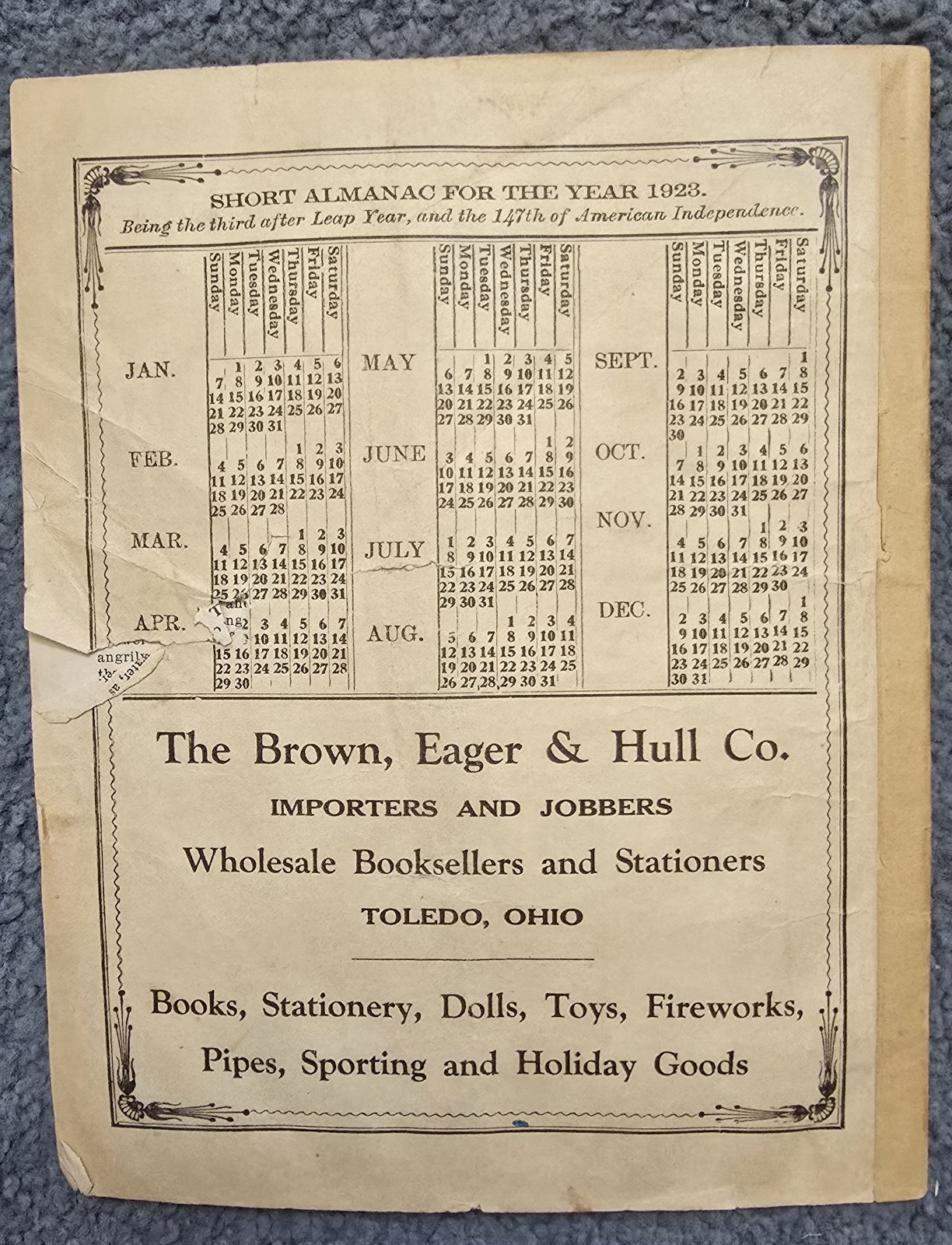 1923 John Baer’s Sons Agricultural Almanac Lancaster, PA Volume 198th Magazine