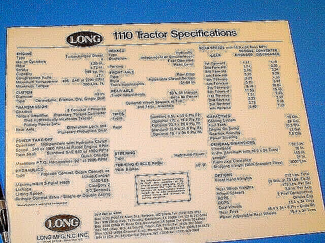 VINTAGE LONG 1110 AGRICULTURAL TRACTOR DEALERSHIP BROCHURE