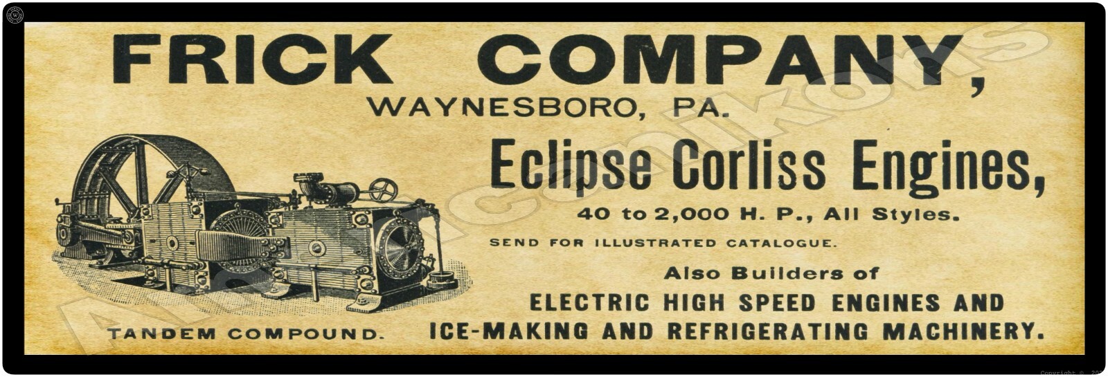1895 Frick Corliss Engines New Metal Sign, 12″ x 36″ USA STEEL XL Size – 4#