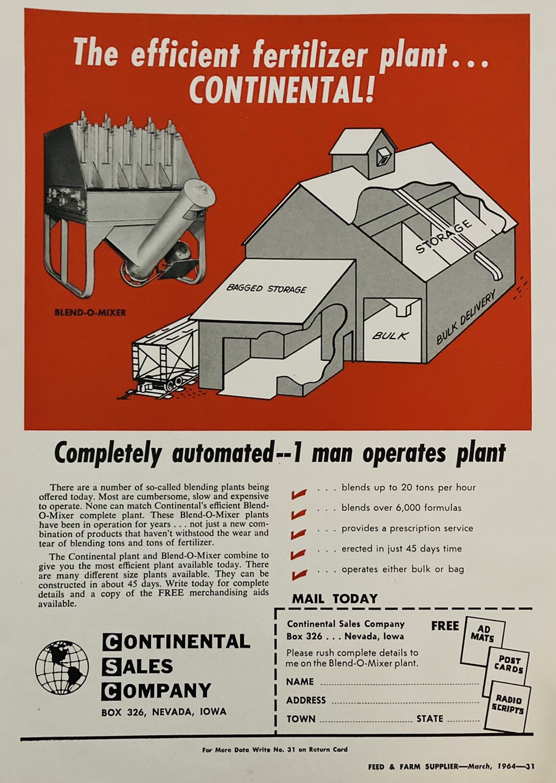 1964 AD(XH53)~CONTINENTAL SALES CO. NEVADA, IOWA. BLEND-O-MIXER FERTILIZER PLANT