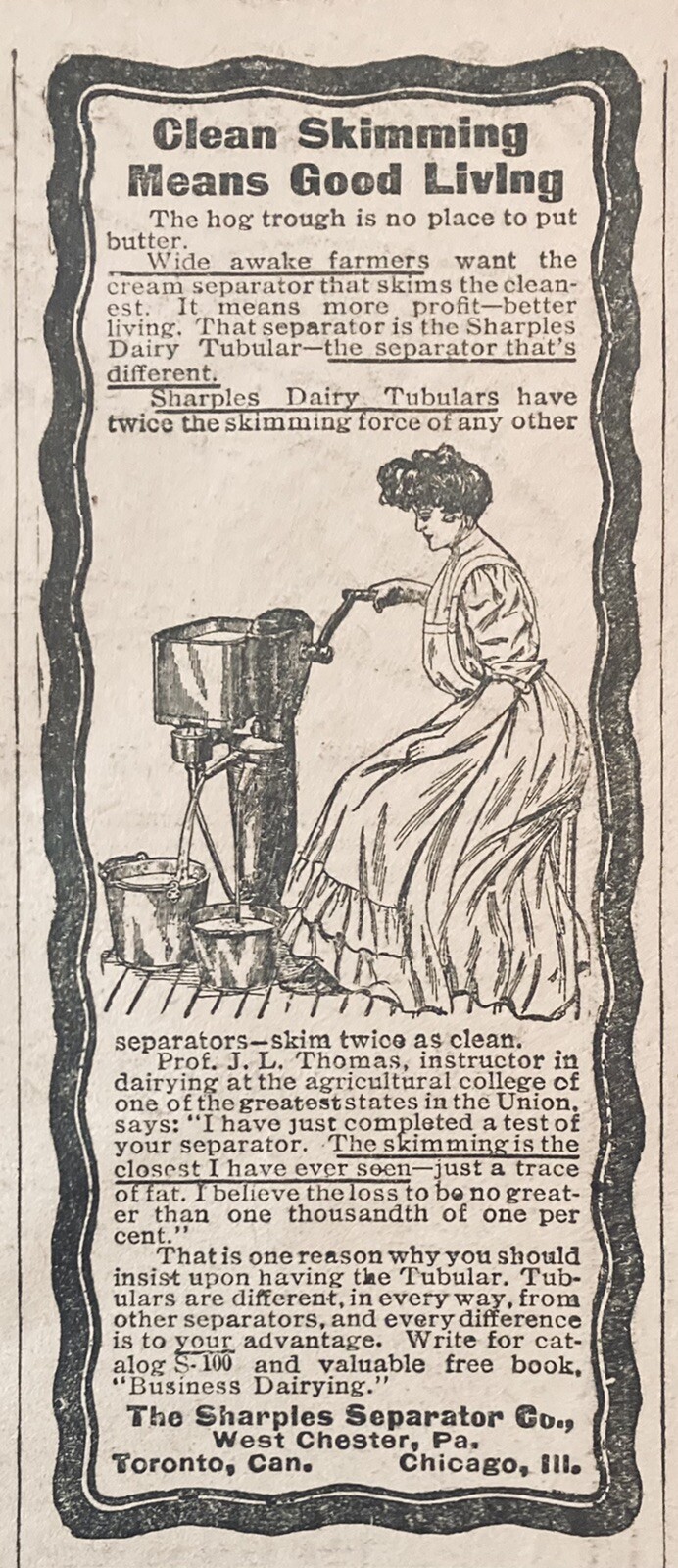 1907 AD.(XH11)~SHARPLES SEPARATOR CO. W. CHESTER, PA. CREAM SEPARATORS