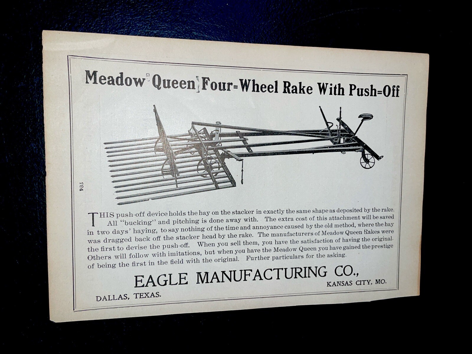 ORIGINAL 1907 Eagle Meadow Queen Rake Farm Implement Advertising – Kansas City
