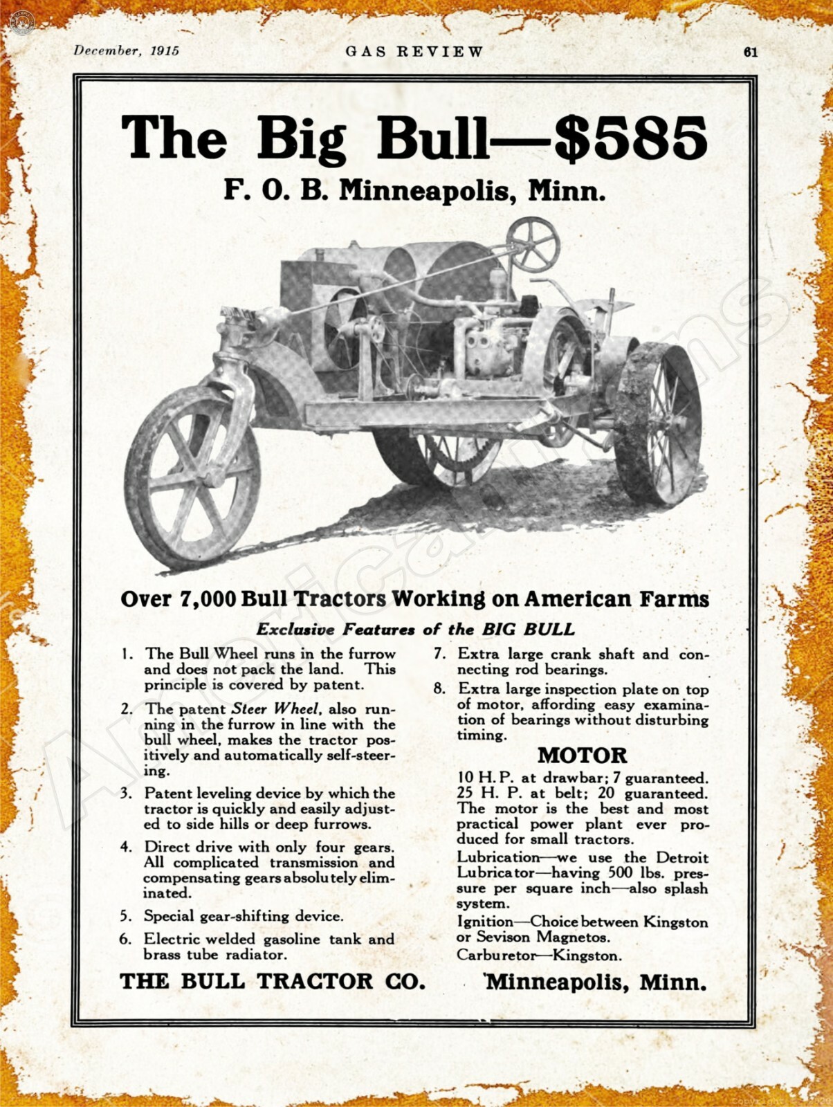 1915 Bull Tractor Co. Big Bull Tractor New Metal Sign: Minneapolis, Minnesota