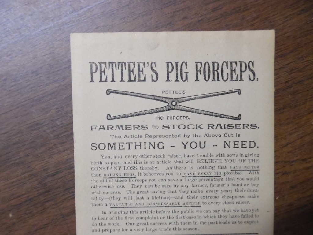 1890 Pettee’s Pig Forceps Advertising Broadside Princeton IL Veterinary Antique