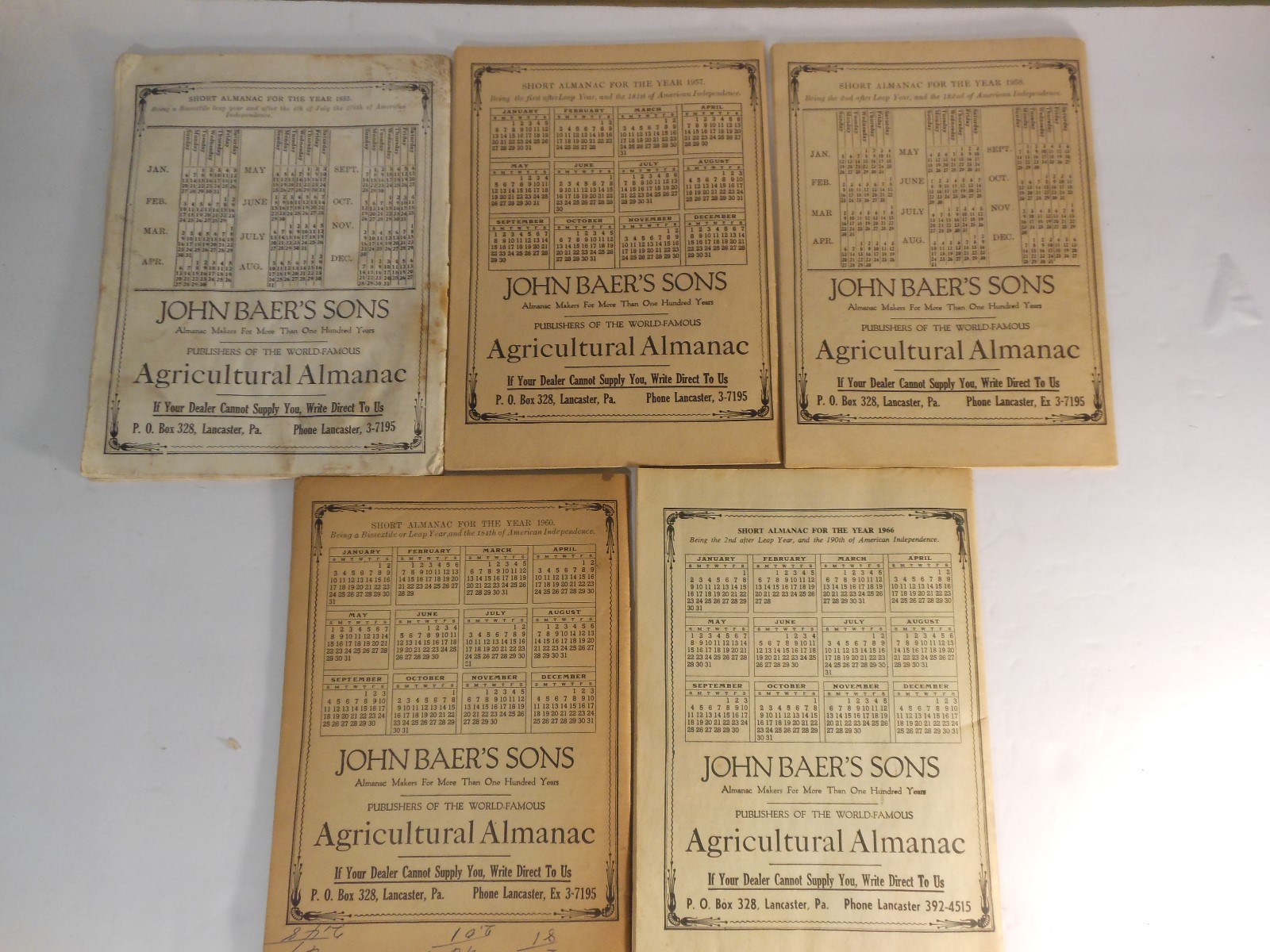 Lot of 5 Vintage Agricultural Almanac’s 1952,57,58,60,66 John Baer’s LancasterPa
