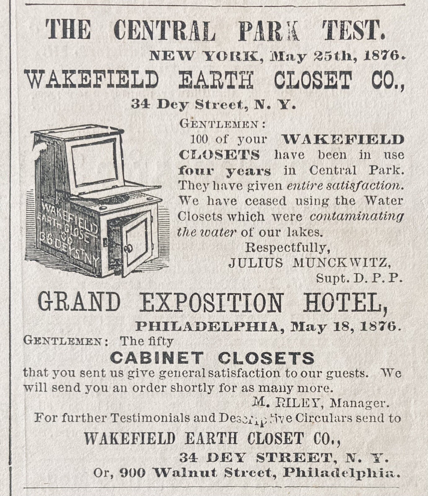 1876 AD.(XH65)~WAKEFIELD EARTH CLOSET CO. DEY ST. NY. EARTH CLOSET CABINET