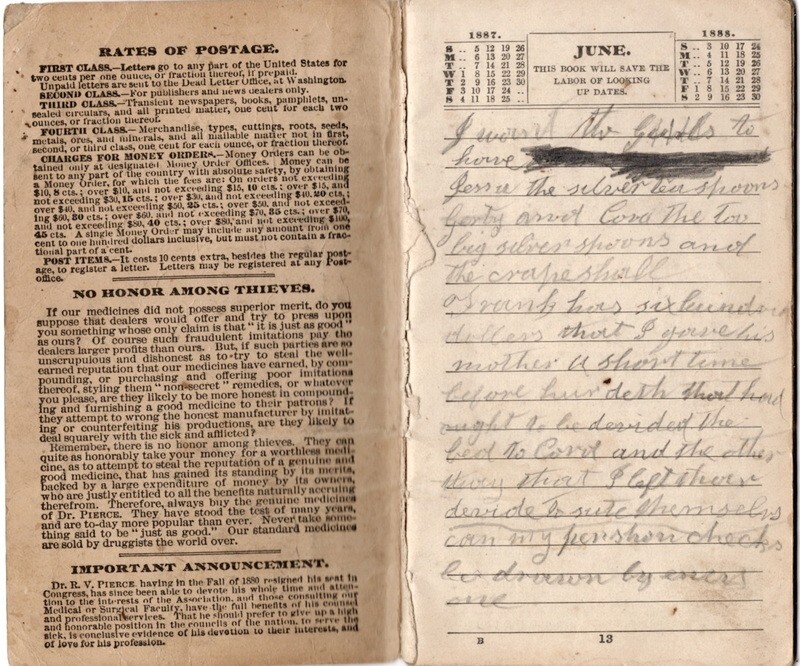 1887-88 Pierce’s Memorandum and Account Book w/ Product Ads & Testimonials, USED