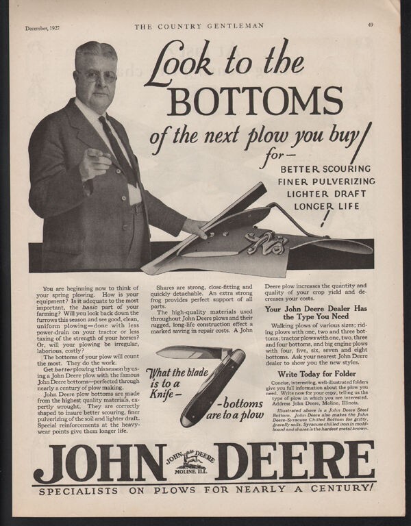 1927 JOHN DEERE PLOW FARM CONSTRUCTION MOLINE ILLINOIS TILL CROP SOIL 20846