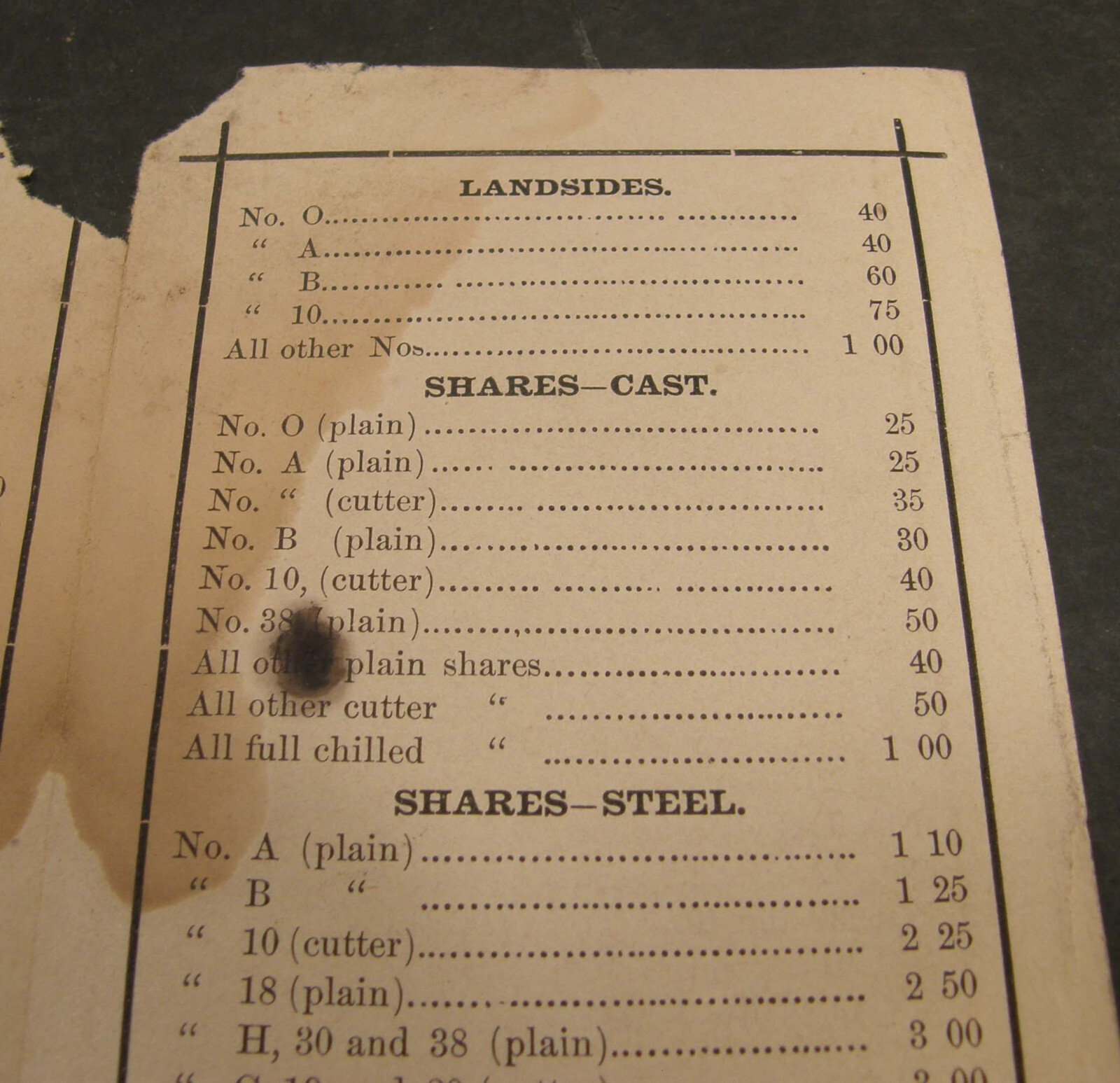 ANTIQUE 1883 PRICE LIST OLIVER AGRICULTURAL PLOW WORKS SOUTH BEND INDIANA