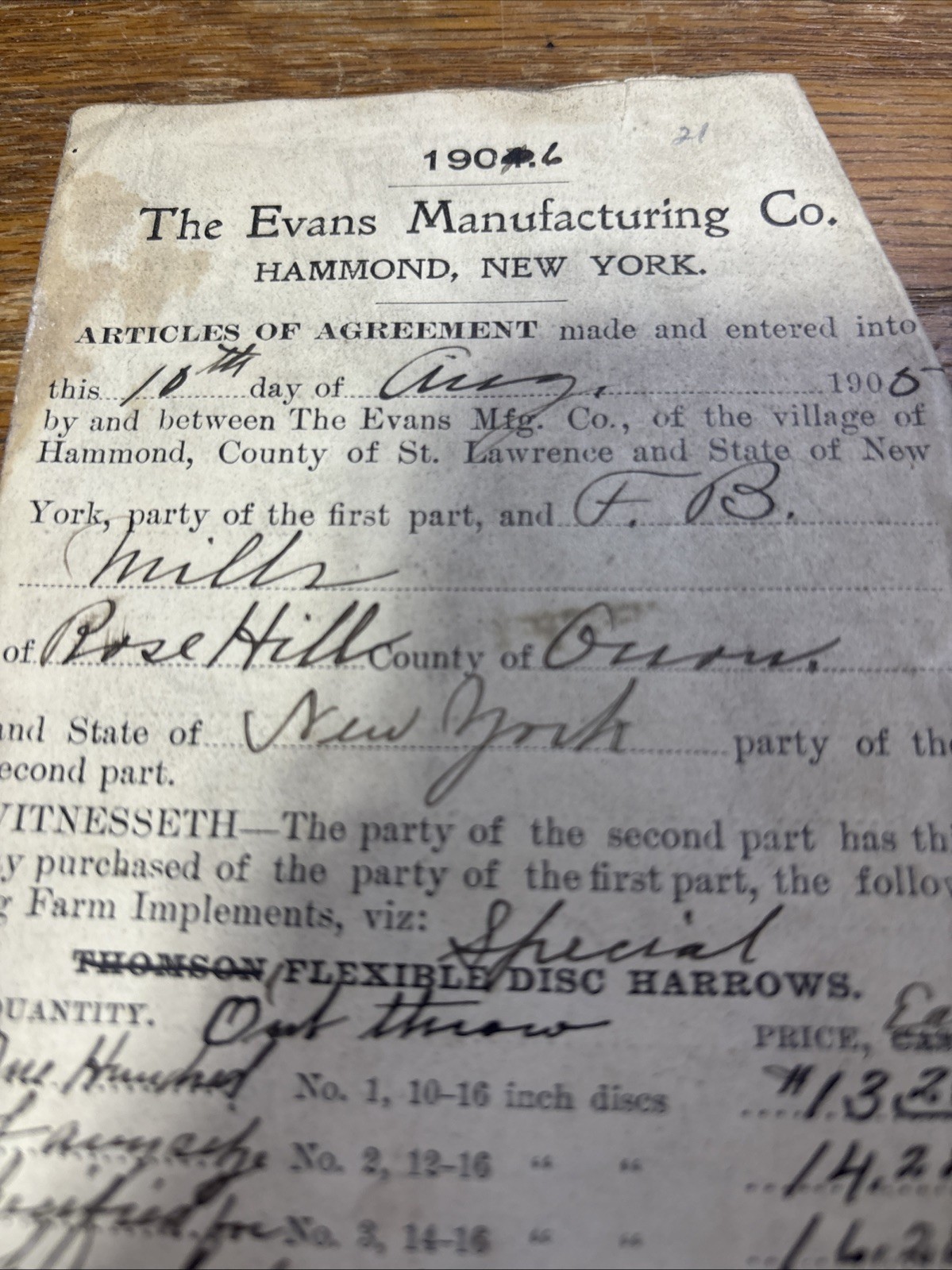 Vintage Farm Equipment Contract Evans Manufacturing Co Hammond NY 1906