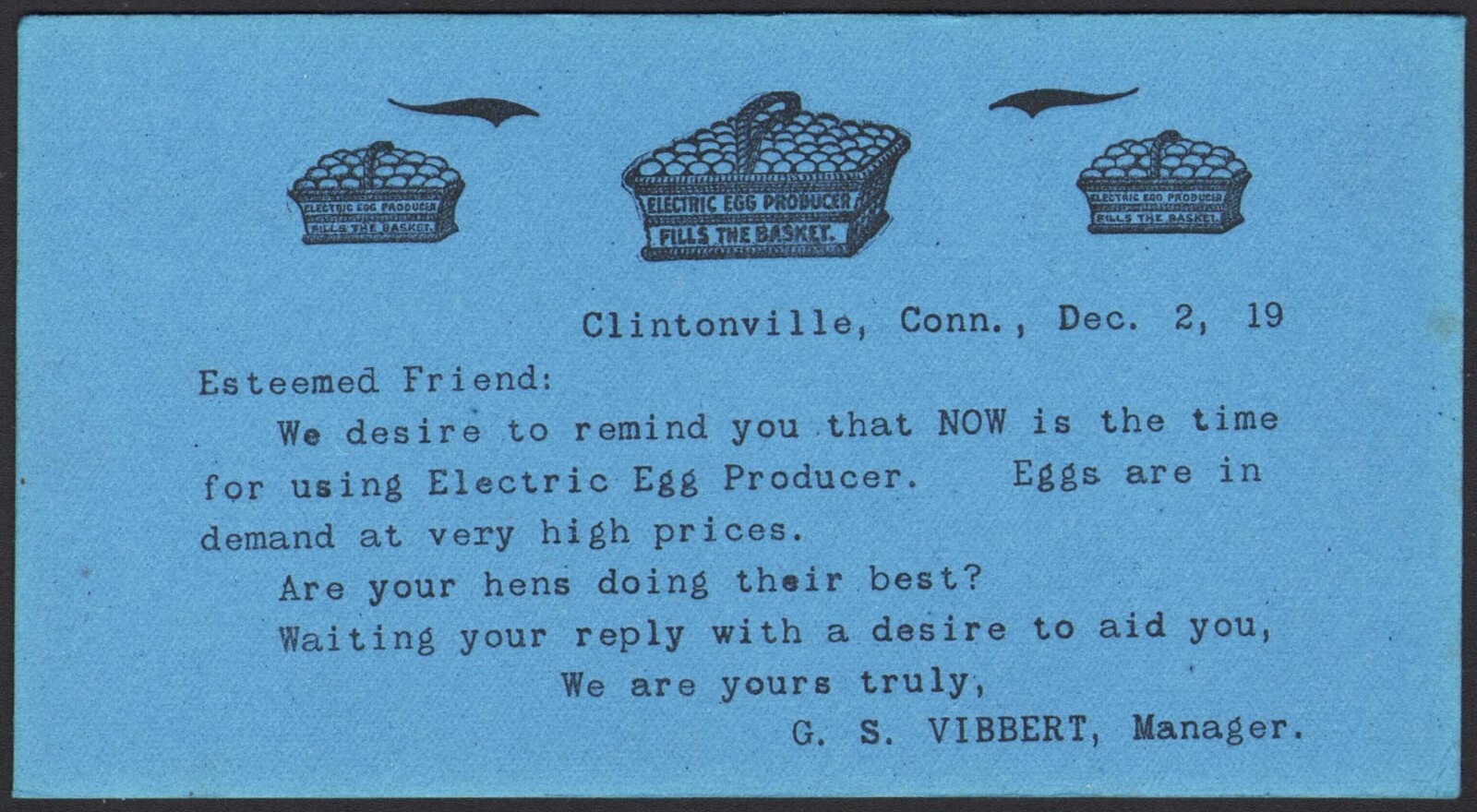 Vintage ink blotter ELECTRIC EGG PRODUCER dated 1919 Clintonville Connecticut