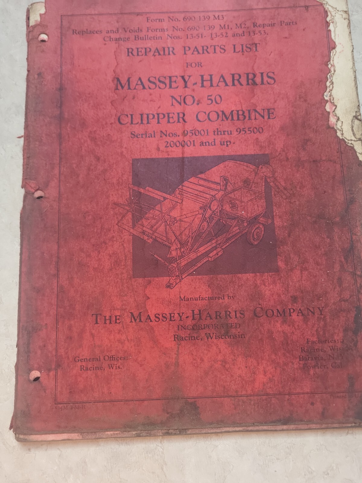 Repair Parts List Massey Harris Clipper Combine Serial No.95001 and up -95500