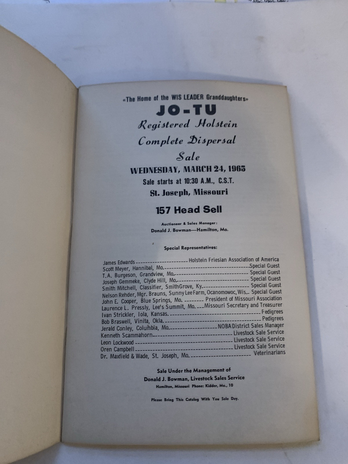 1965 Holstein Cattle Auction Catalog St. Joseph MO Jones & Turner Family