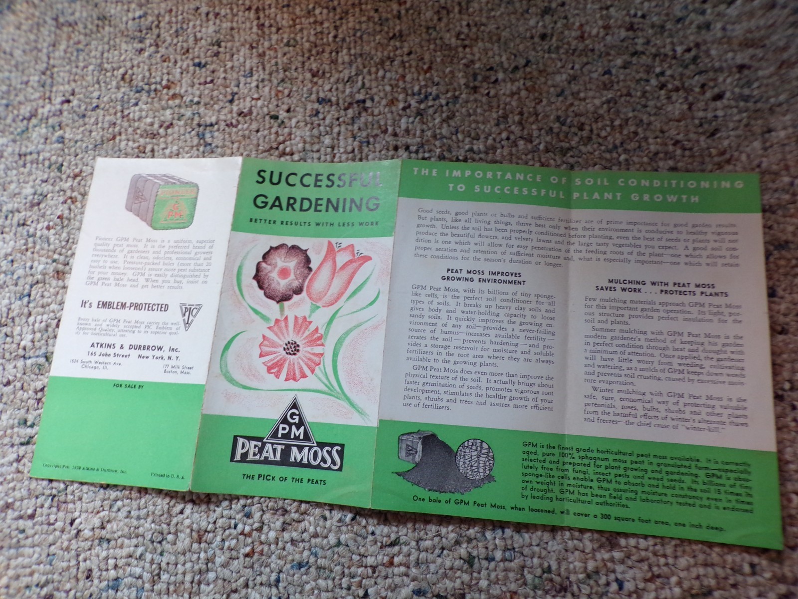 1939 Successful Gardening GPM Peat Moss Vntg Brochure Atkins & Durbrow New York