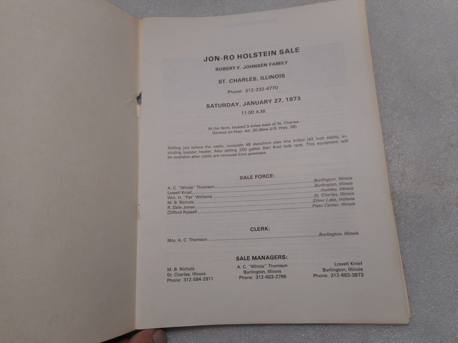 1973 St Charles Illinois Robert Johnsen Holstein Cattle Farm Sale Catalog