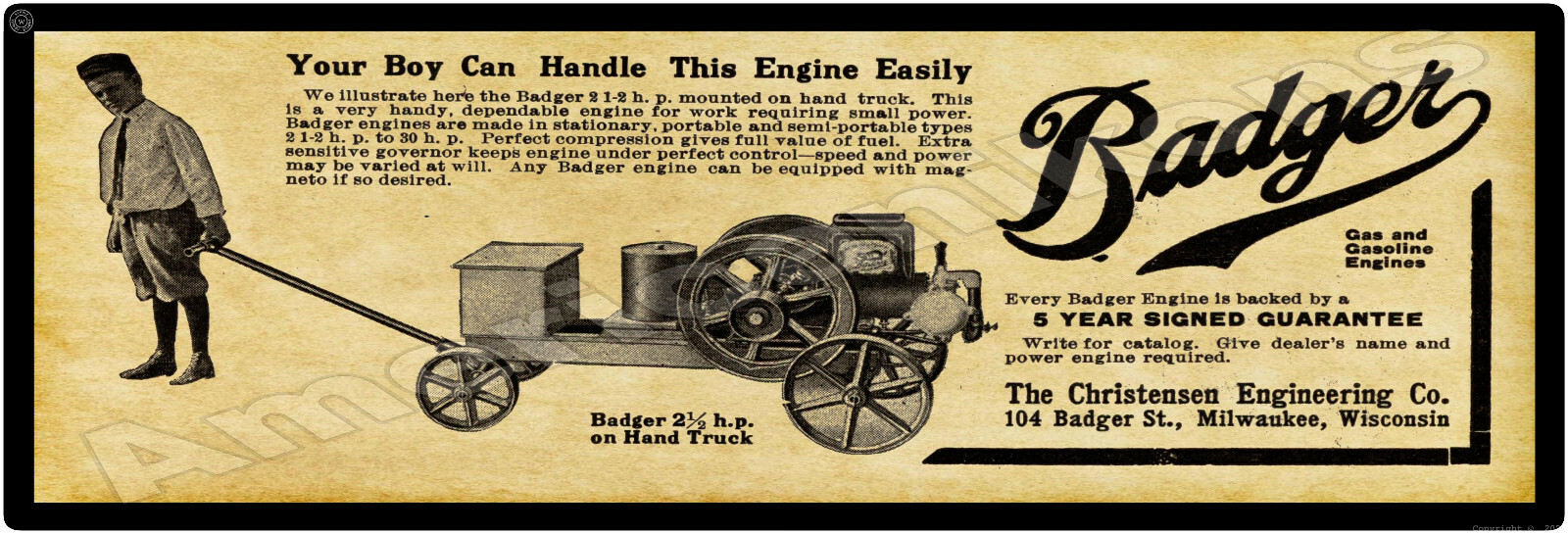 1912 Christensen Engineering Co. New Metal Sign: Badger Gas Engines – Milwaukee