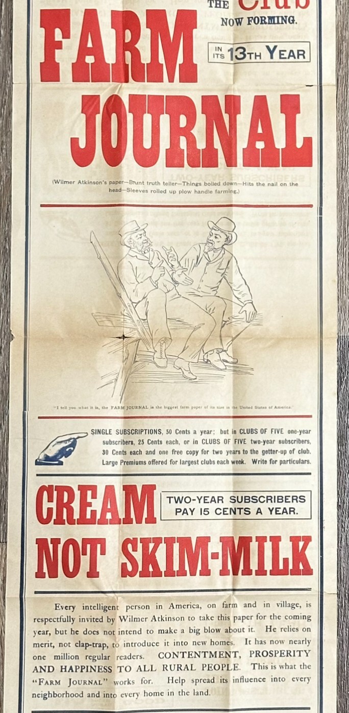 1890 Farm Journal Magazine Club 13th Year Broadside Wilmer Atkinson Proprietor