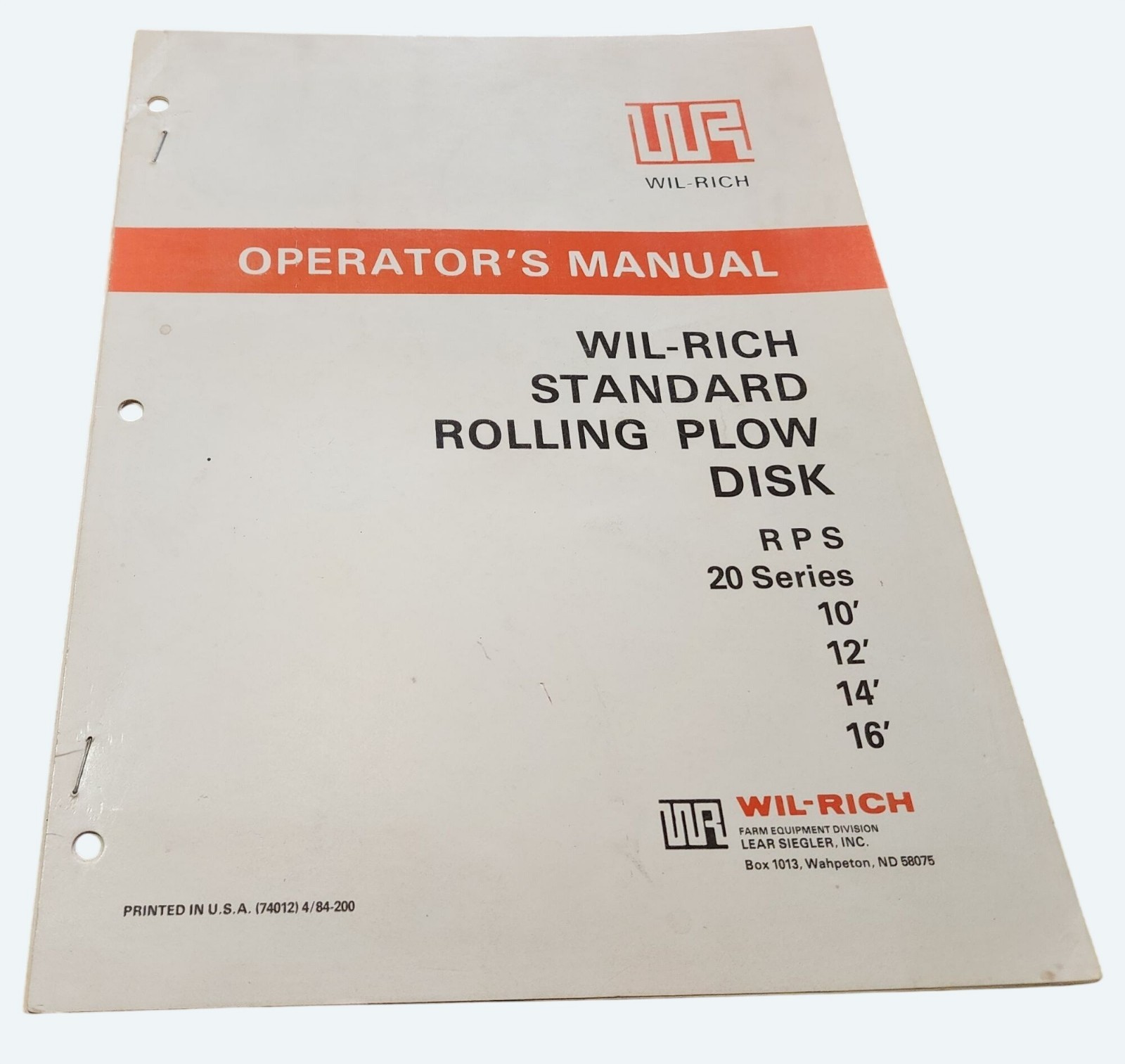 1984 Wil-Rich Standard Rolling Plow Disk Operator’s Manual RPS 20 Series 10’-16’