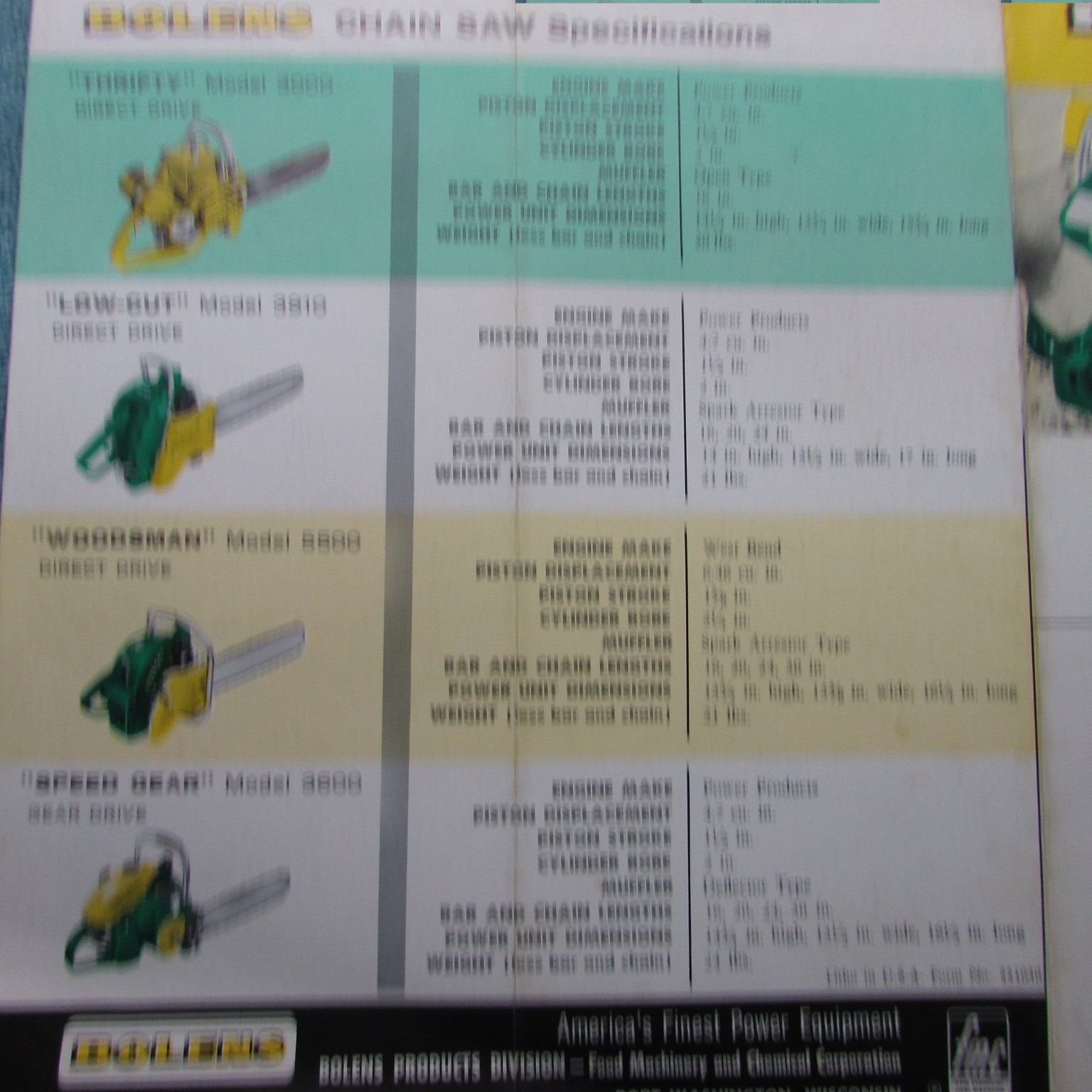 Bolens Chainsaw Brochure: 1959 Models 3000, 3910, 5500, 3600