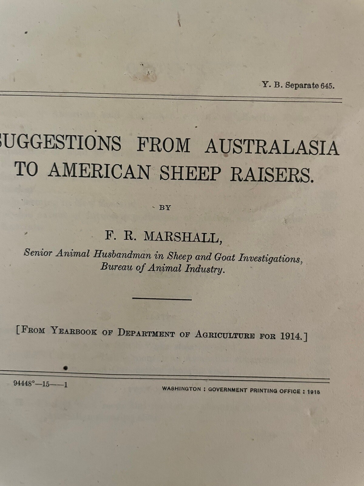 Vtg 1914- US Department Of Agriculture-Paper Pamphlet-SUGGESTIONS FROM AUSTRALIA