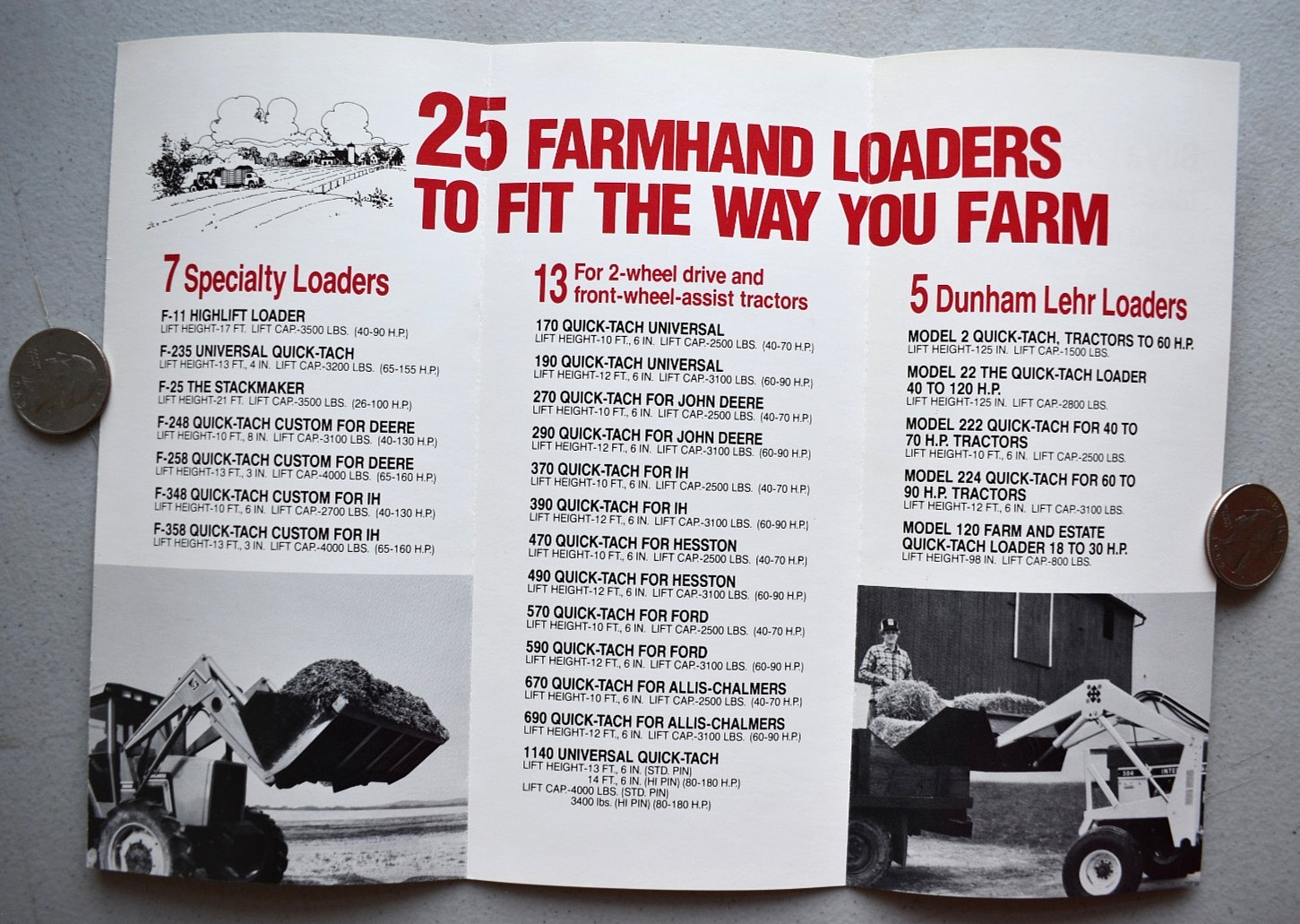 Farmhand Loader Vintage 1980’s BROCHURE Showing Scale Model Tractors JD, Case
