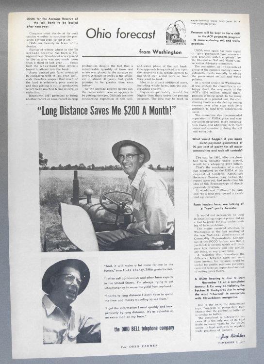 Original 1957 Ohio Bell Telephone Ad Featuring Earl J Chaney of Tiffing Ohio