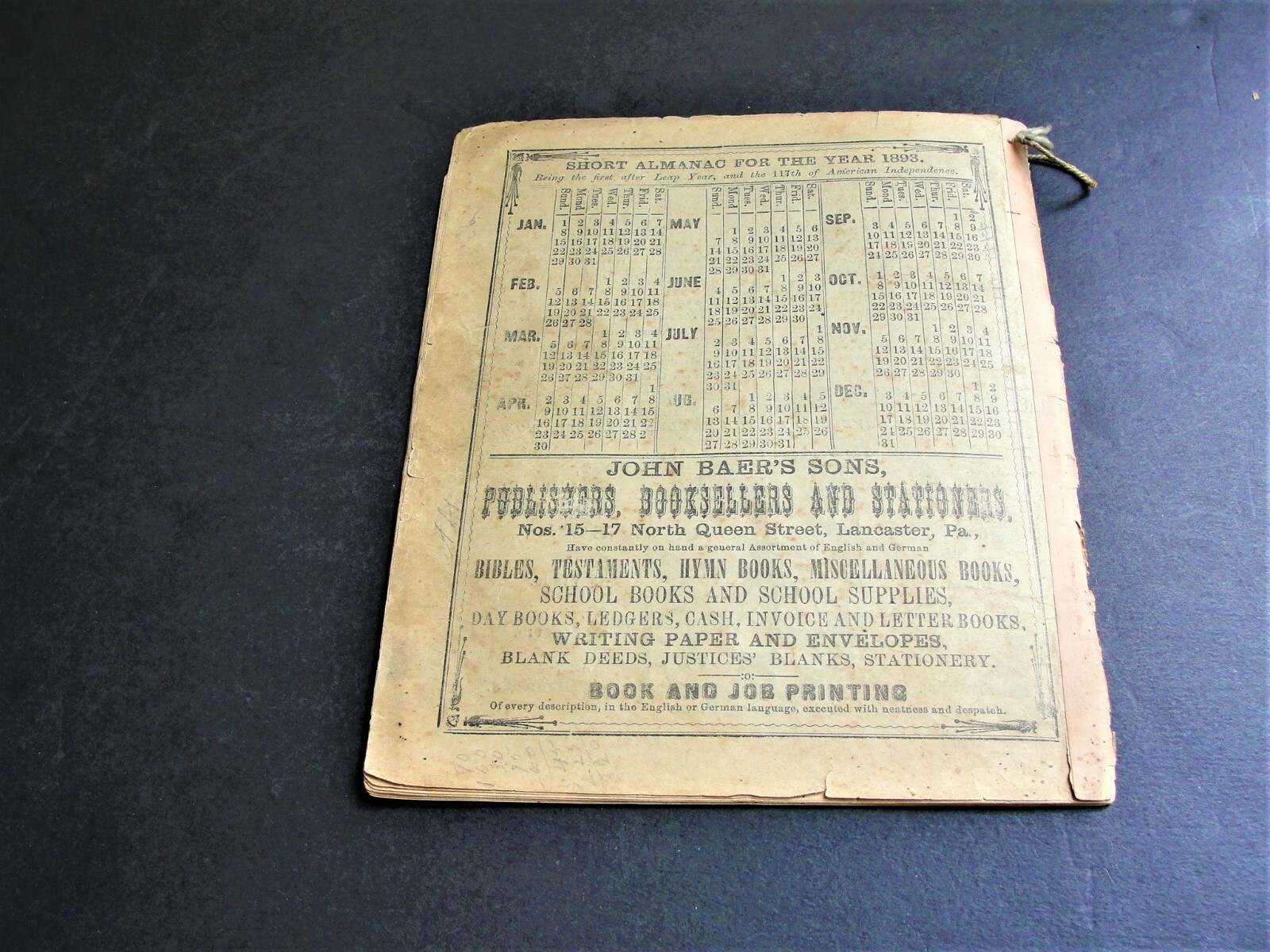 Agricultural Almanac John Baer’s Sons Lancaster PA Pennsylvania 1893 VOL. 68.