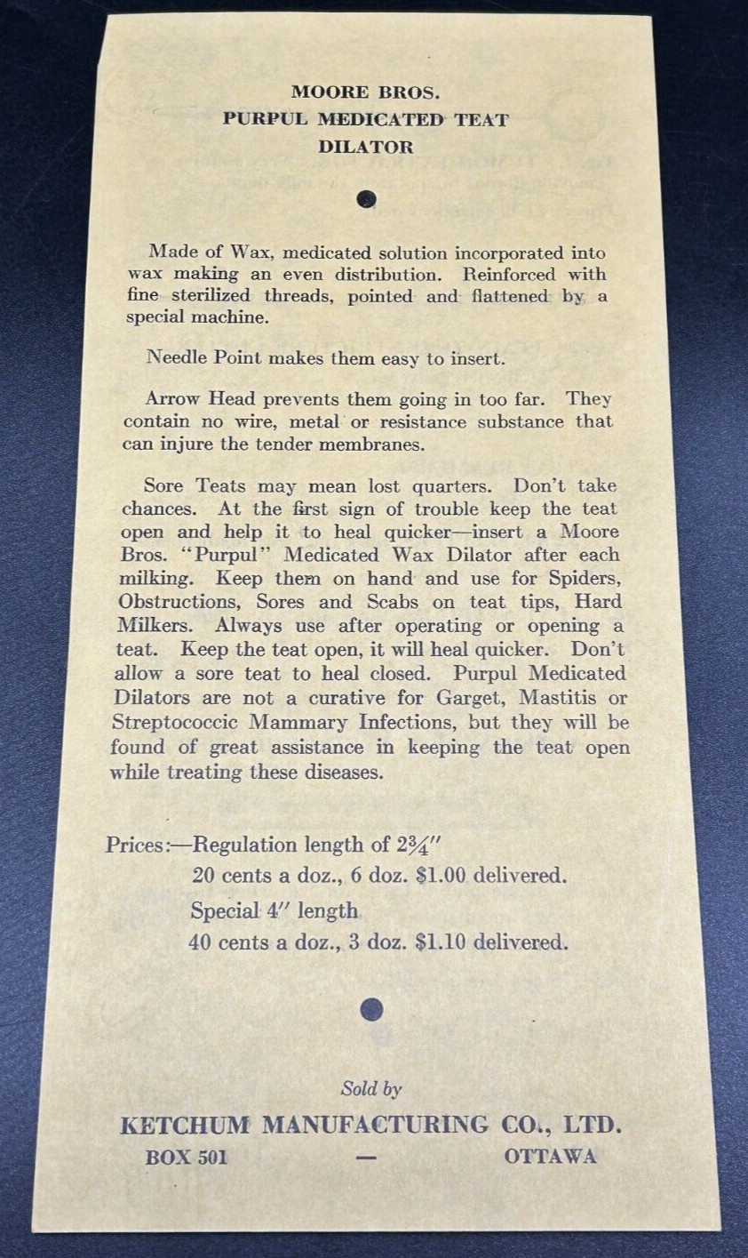 Print Ad-Moore Bros. Purpul Medicated Teat Dilator-Ketchum Manufacturing-Ottawa