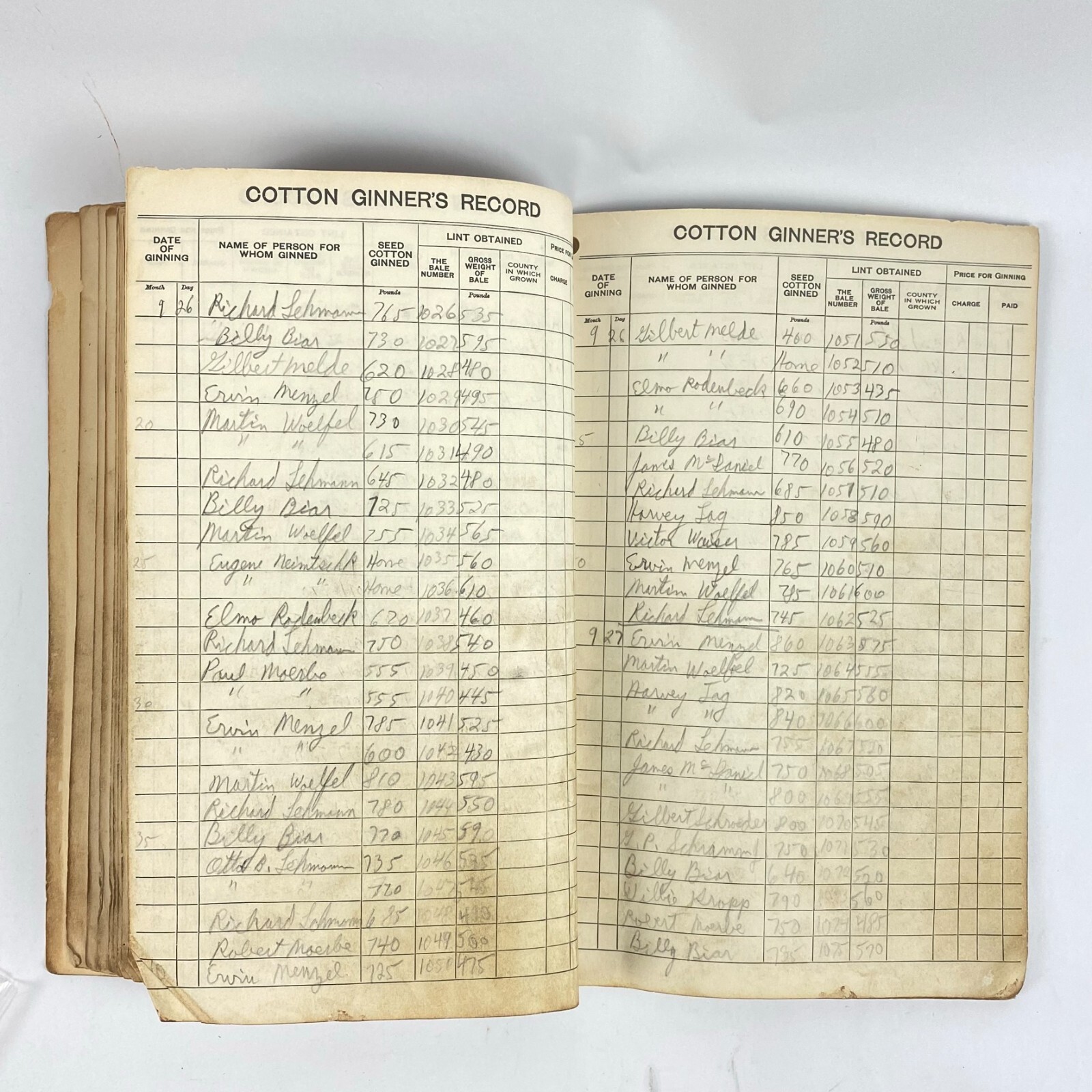 1950’s Dept of Commerce Cotton Ginner’s Record Book Filled Out Vintage