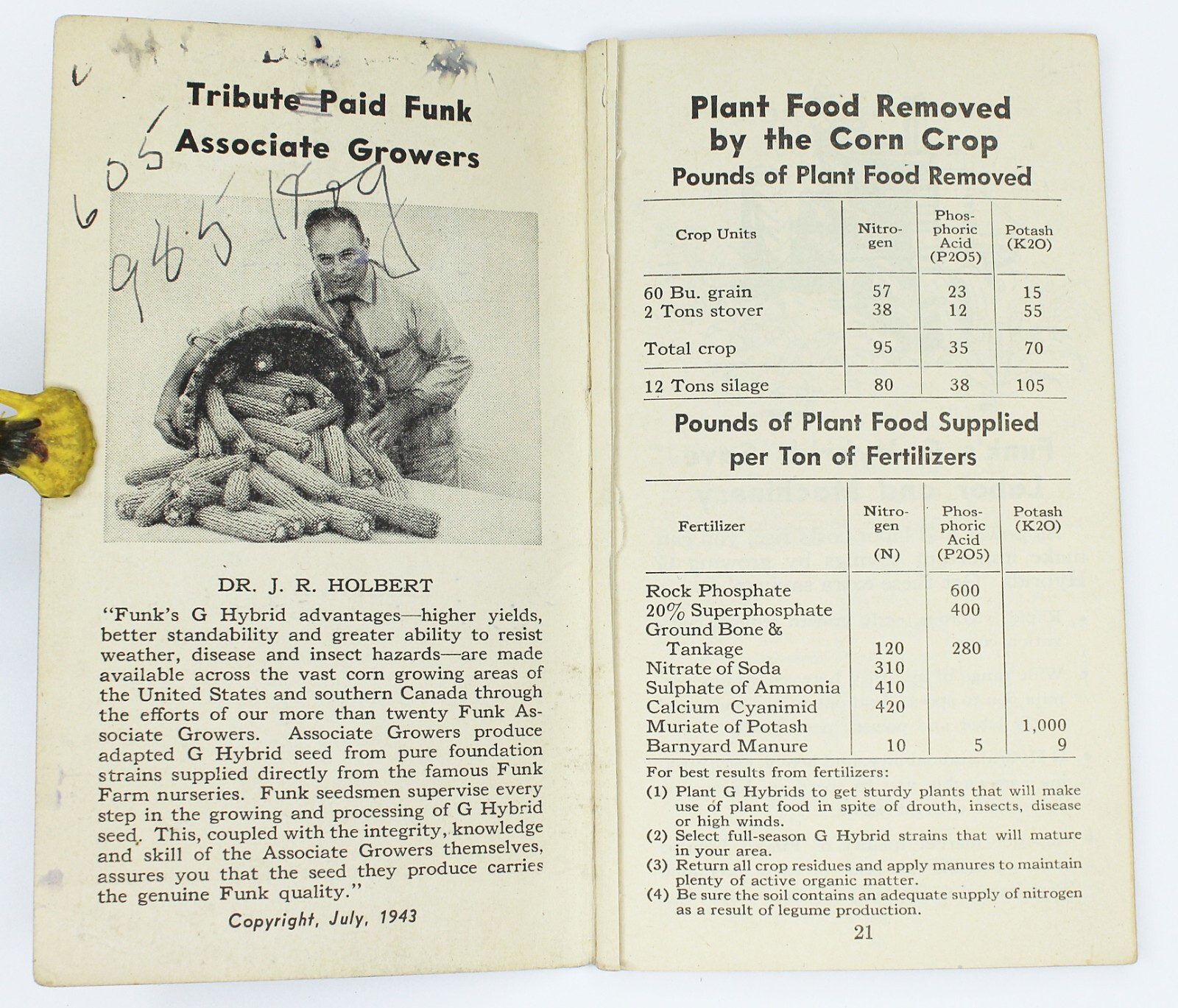 Vintage 1943 FUNK’S HYBRID Columbiana’s Corn Data Notebook