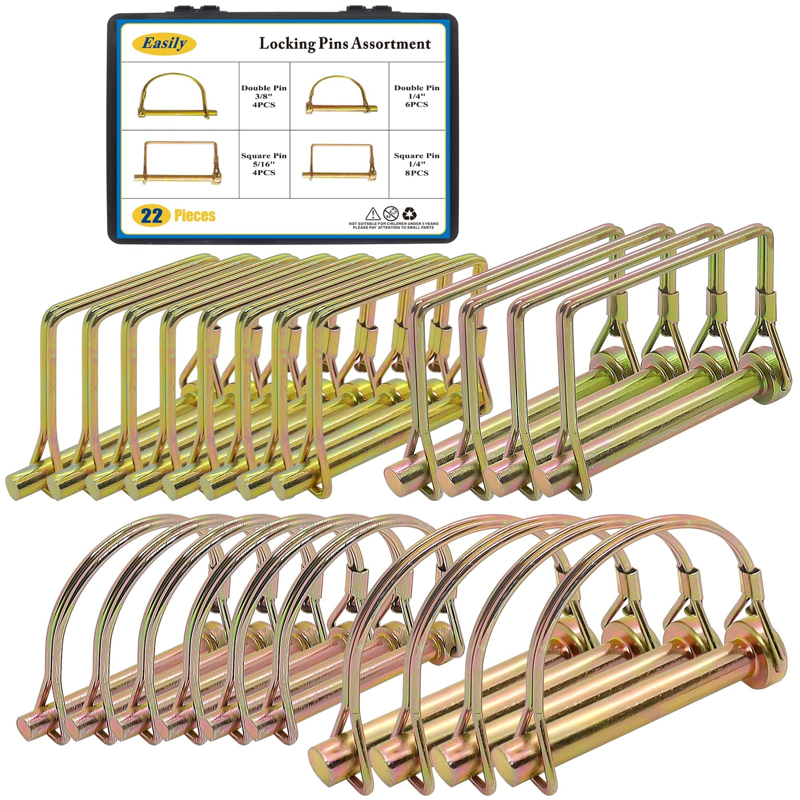 22 PCS Gold Shaft Locking Pin Assortment 1/4″ 5/16″ 3/8″ Hitch Pin