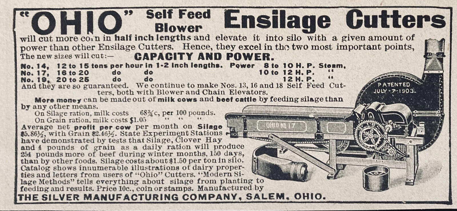 1905 AD.(XH28)~SILVER MFG. CO. SALEM, OHIO. “OHIO” SELF FEED ENSILAGE CUTTERS