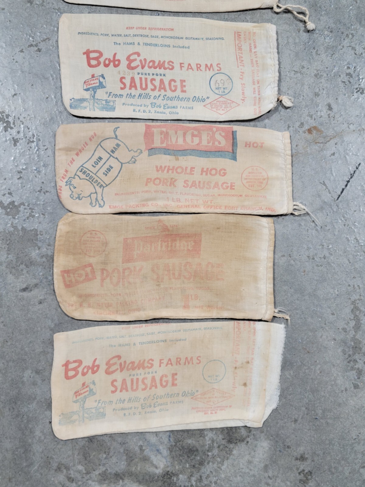Lot Of 5 Old Pork Sausage Cloth Bag Bob Evans Emges Partridge Farms Pig Butcher