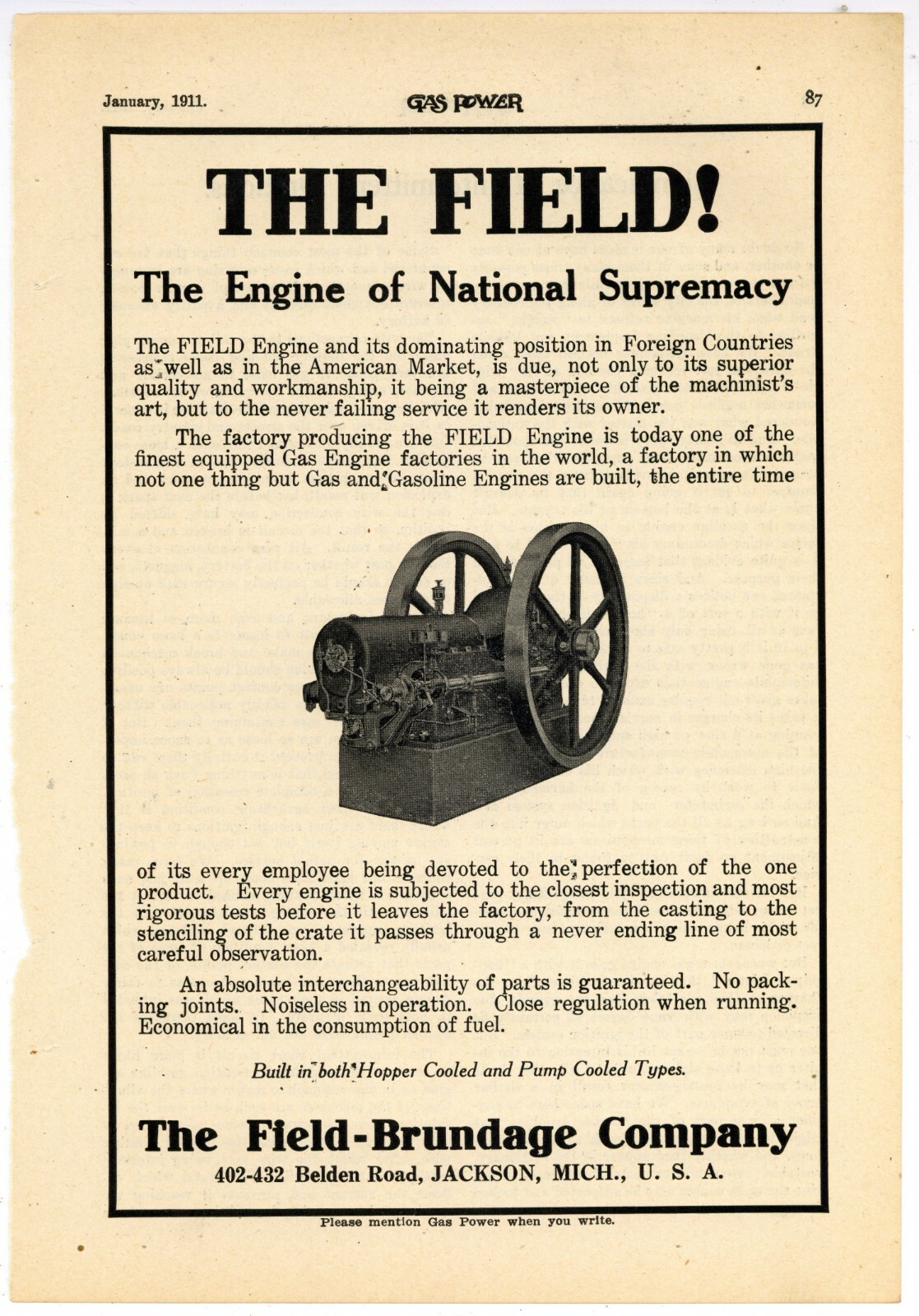 1911 Field Brundage Co. Ad: The Engine of National Supremacy – Jackson, Michigan