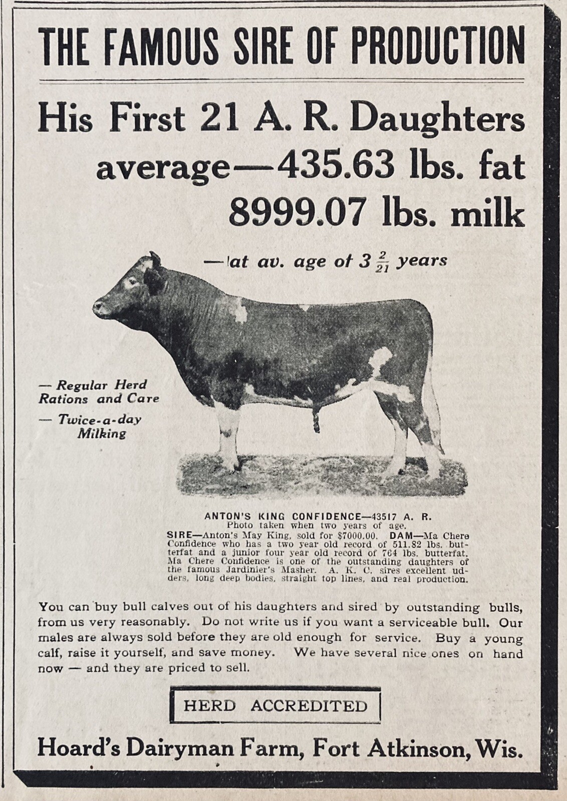 1928 AD.(XH16)~HOARD’S DAIRYMAN FARM, FT. ATKINSON, WIS. FAMOUS PRODUCTION SIRE