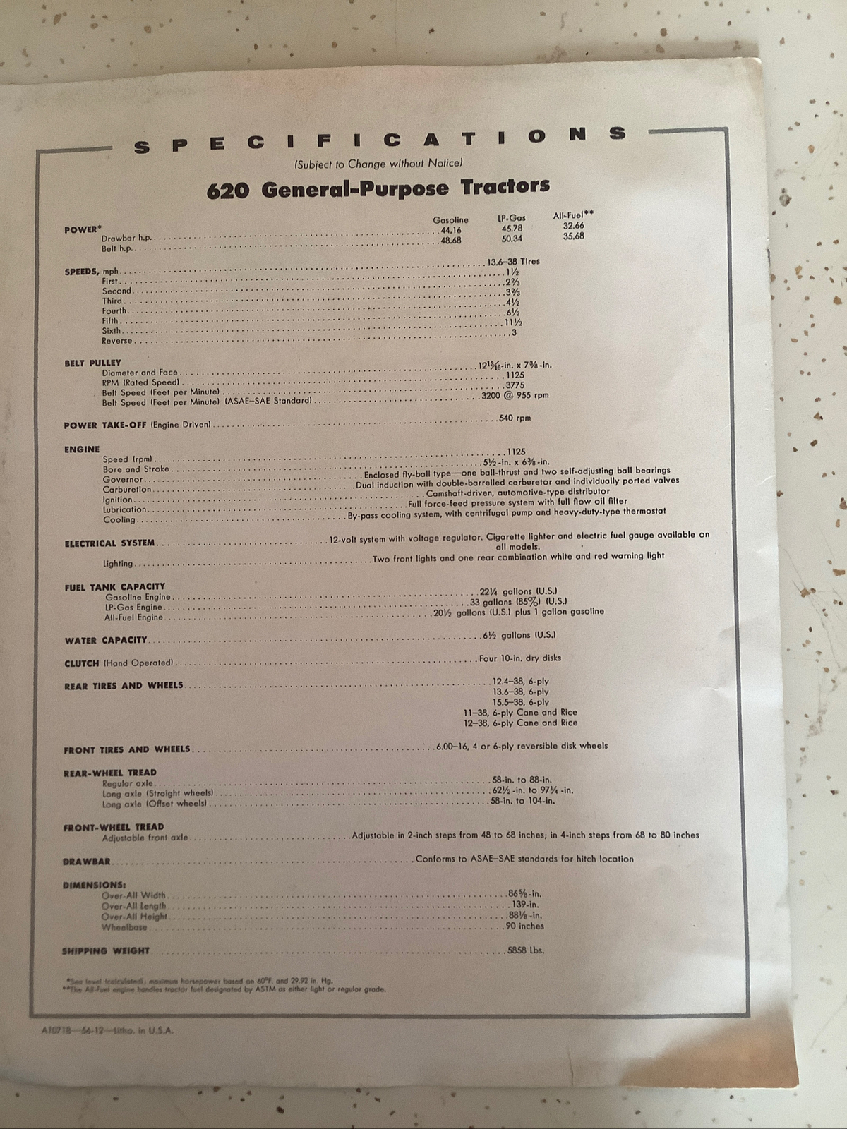 JOHN DEERE TRACTORS 620 SERIES SINGLE PAGE 1956 Sales Brochure