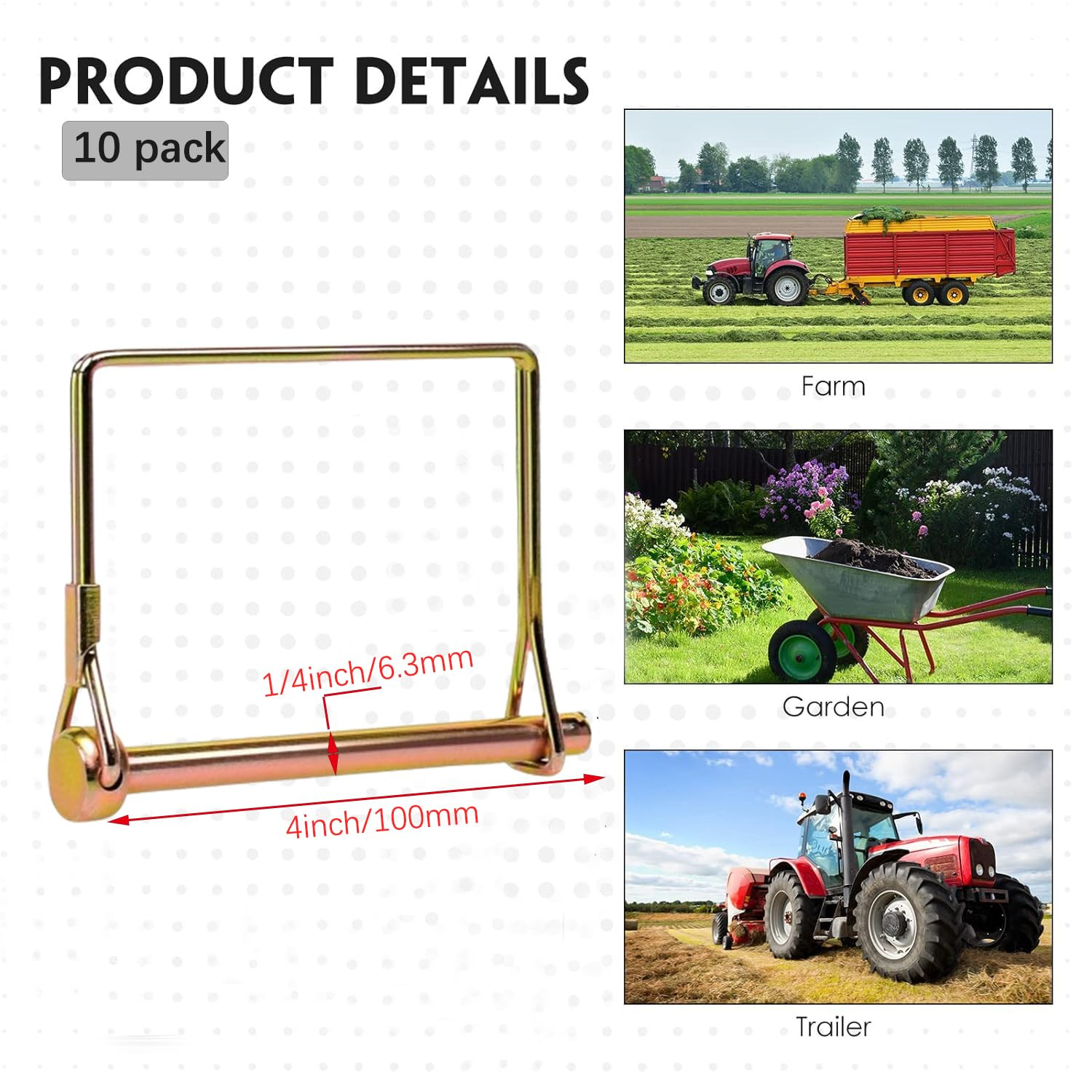 10 Pack 1/4X4 Inch Trailer Coupler Pin Heavy Duty Wire Lock Pin PTO Shaft Lockin