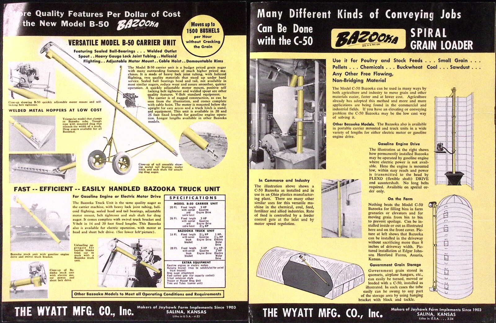 1954 Bazooka Spiral Grain Loader Model B-50 Brochure Wyatt Mfg Co Salina KS