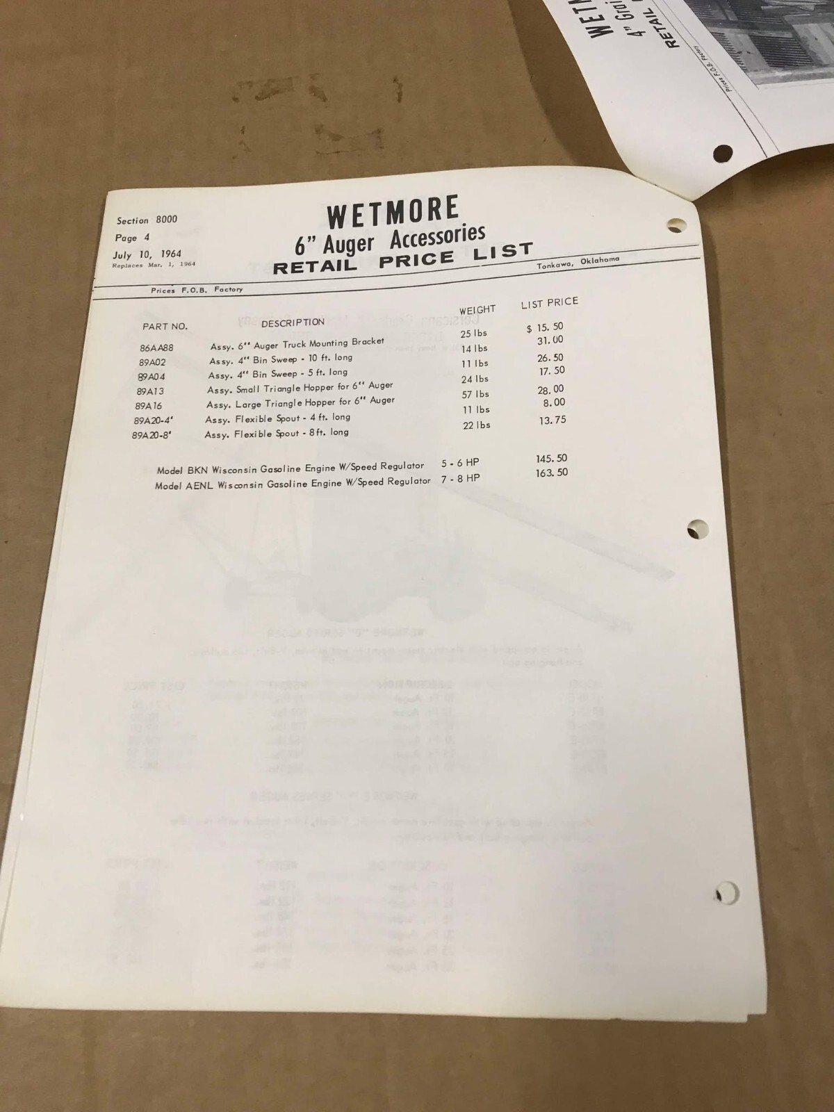 Vintage 1964 Wetmore 6″ Grain Augers Retail Price List
